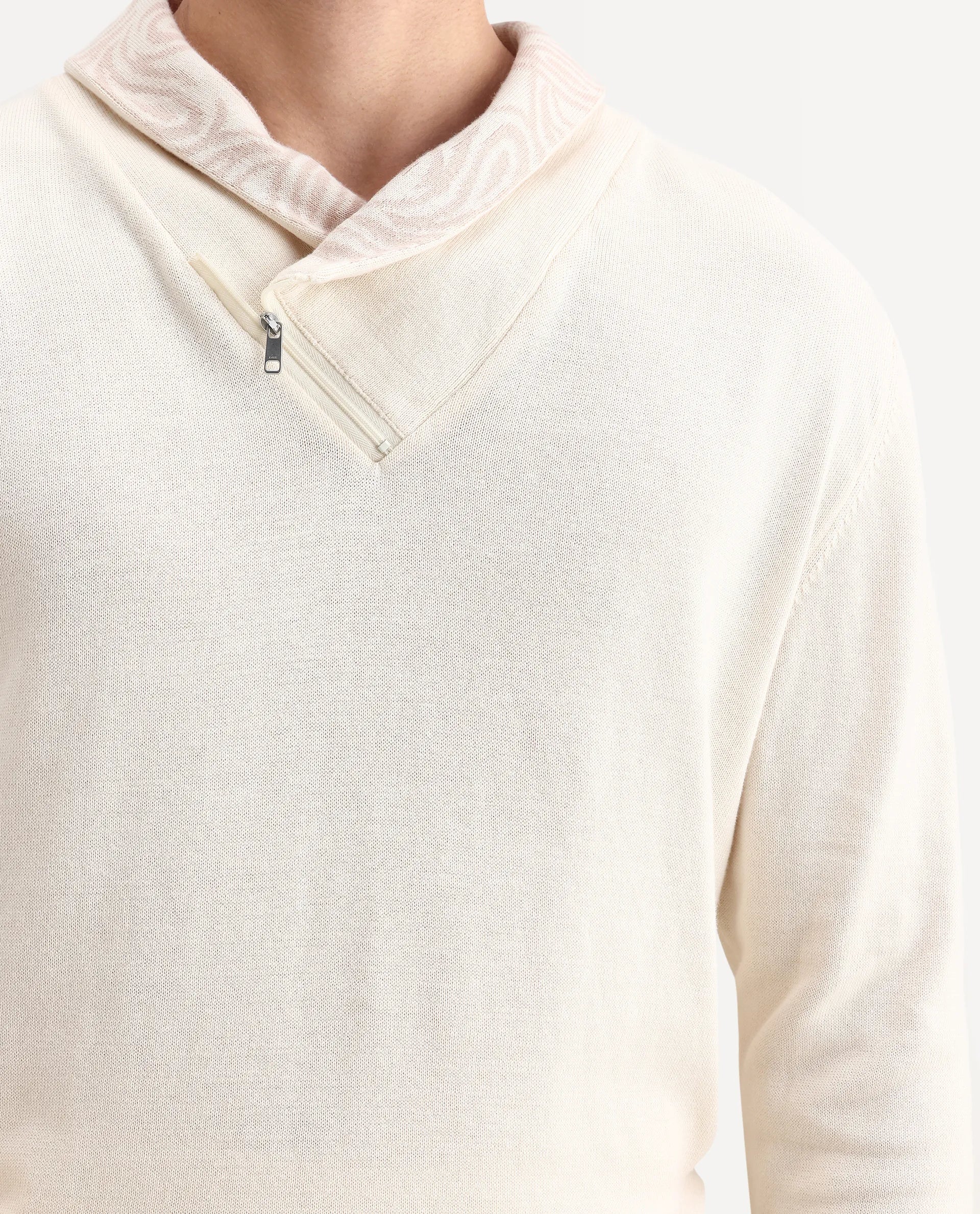 Rare Rabbit Men's Denver-25 Off White Cotton Plain Regular Fit Full Sleeve Shawl Neck Sweater - Image 3
