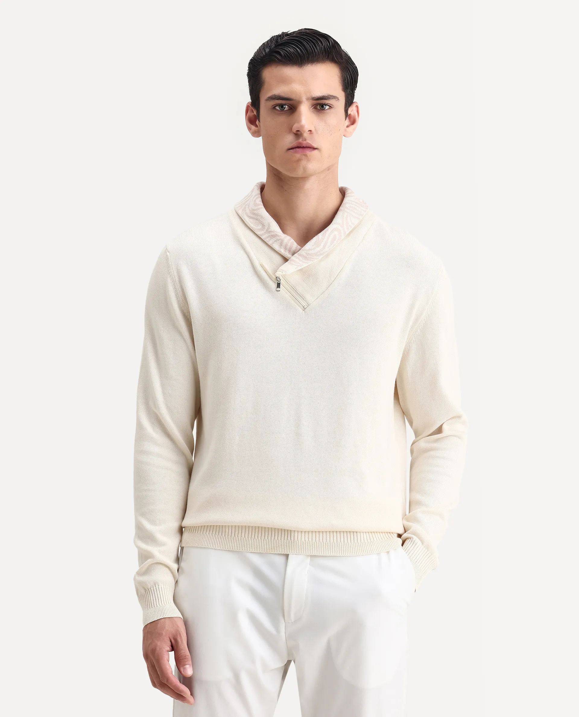 Rare Rabbit Men's Denver-25 Off White Cotton Plain Regular Fit Full Sleeve Shawl Neck Sweater - Image 4
