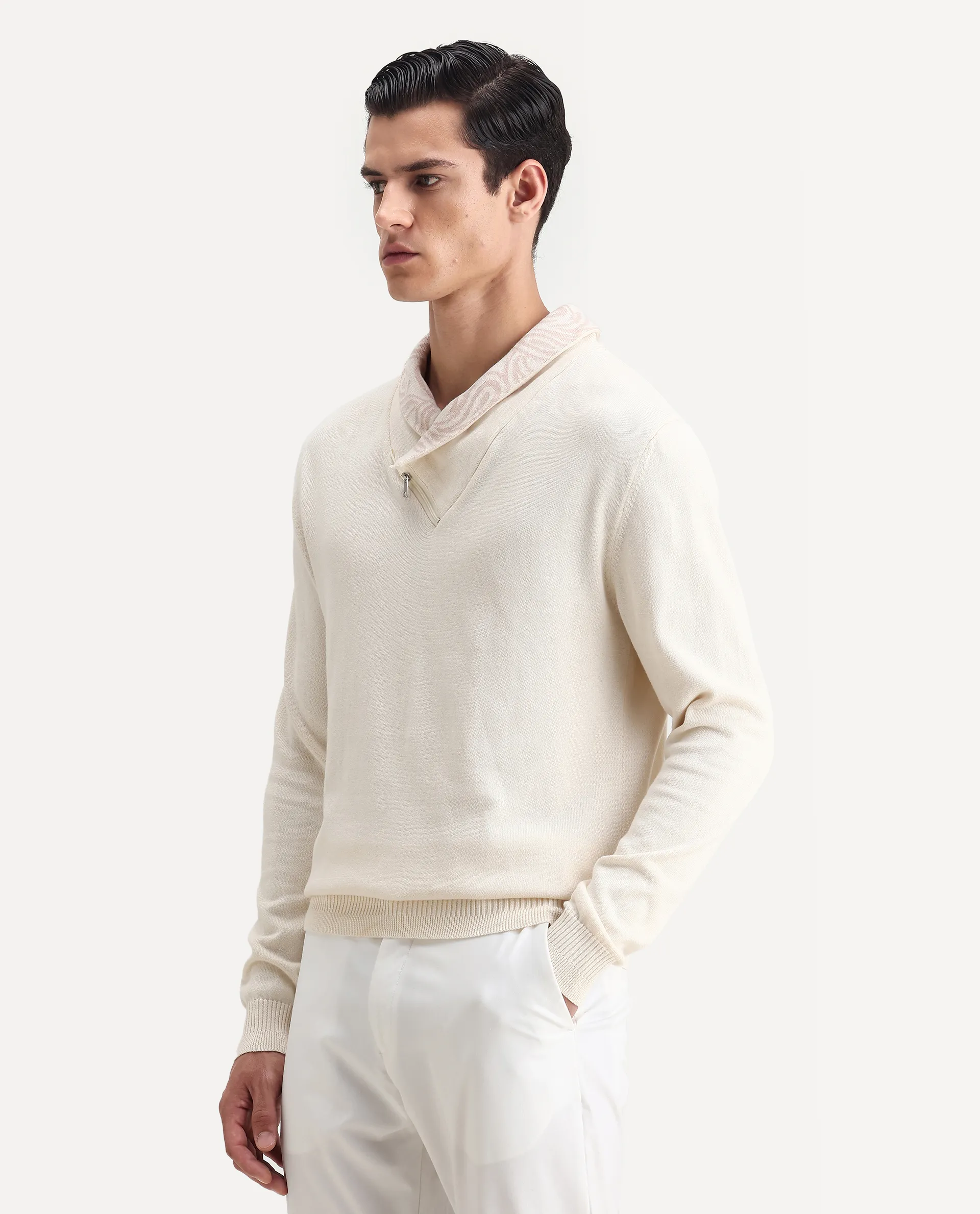 Rare Rabbit Men's Denver-25 Off White Cotton Plain Regular Fit Full Sleeve Shawl Neck Sweater - Image 5