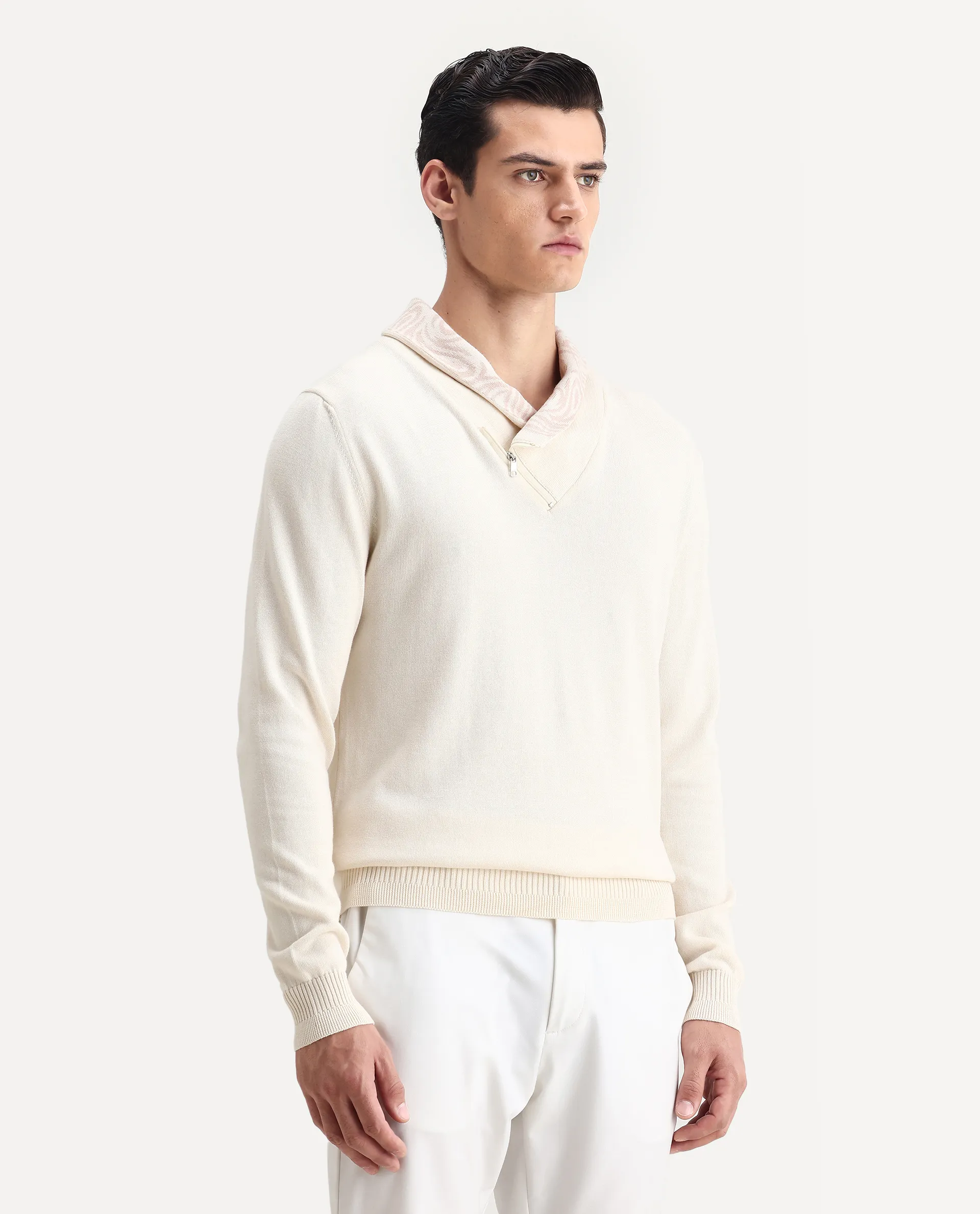 Rare Rabbit Men's Denver-25 Off White Cotton Plain Regular Fit Full Sleeve Shawl Neck Sweater - Image 6