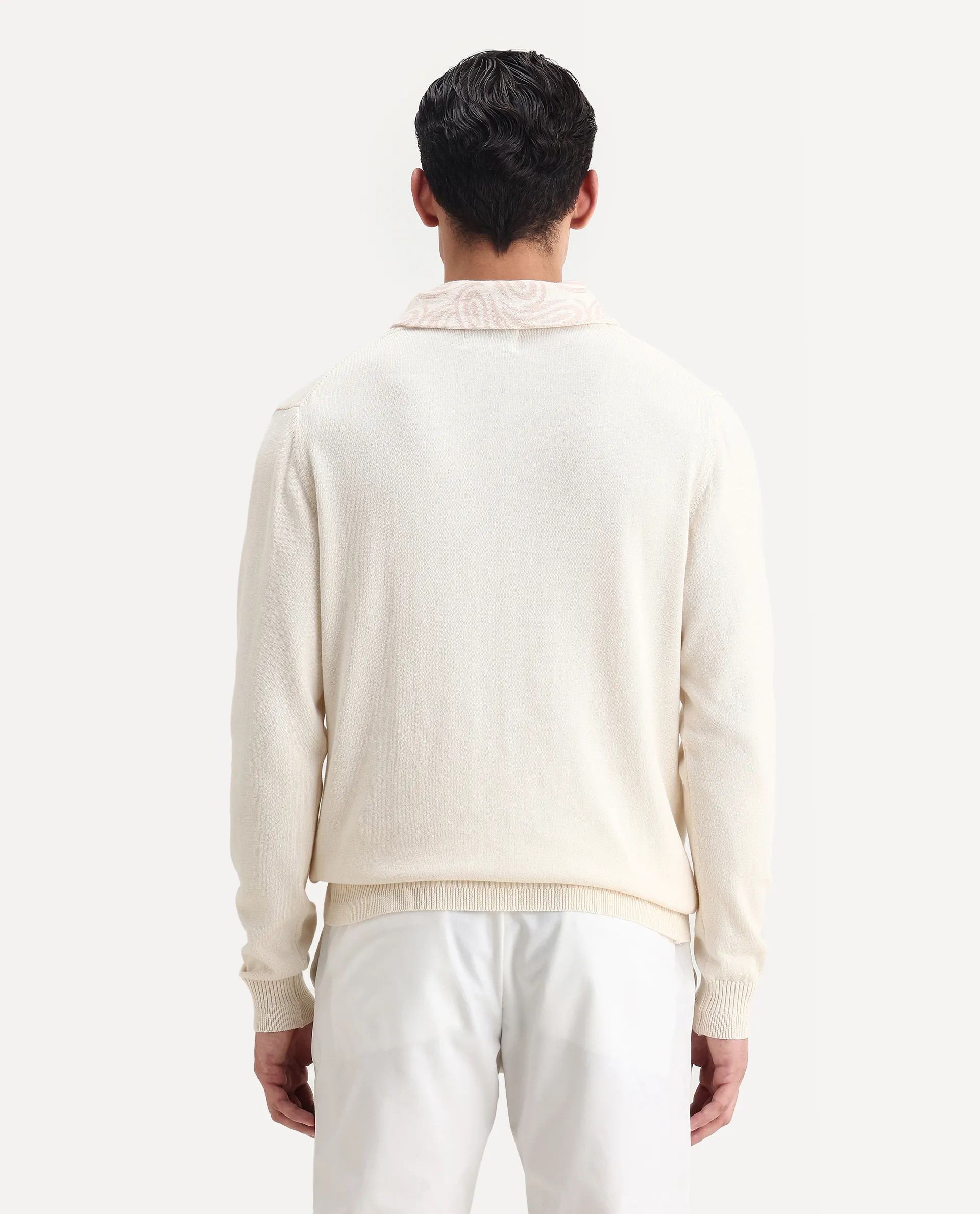 Rare Rabbit Men's Denver-25 Off White Cotton Plain Regular Fit Full Sleeve Shawl Neck Sweater - Image 7