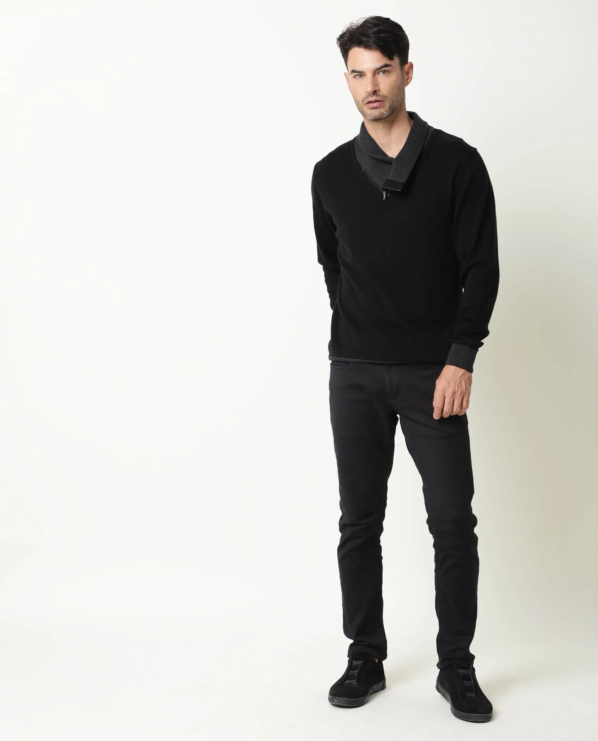 Rare Rabbit Men's Denver Black Plain Slim Fit Full Sleeve Shawl Neck Sweater - Image 3