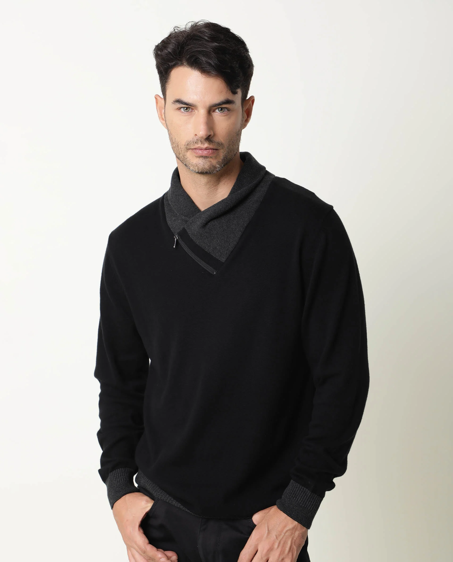 Rare Rabbit Men's Denver Black Plain Slim Fit Full Sleeve Shawl Neck Sweater - Image 5