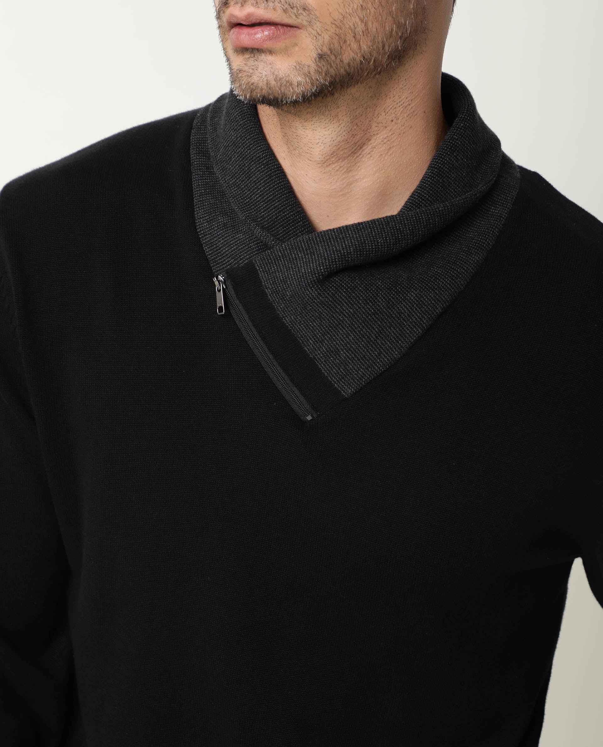 Rare Rabbit Men's Denver Black Plain Slim Fit Full Sleeve Shawl Neck Sweater - Image 6
