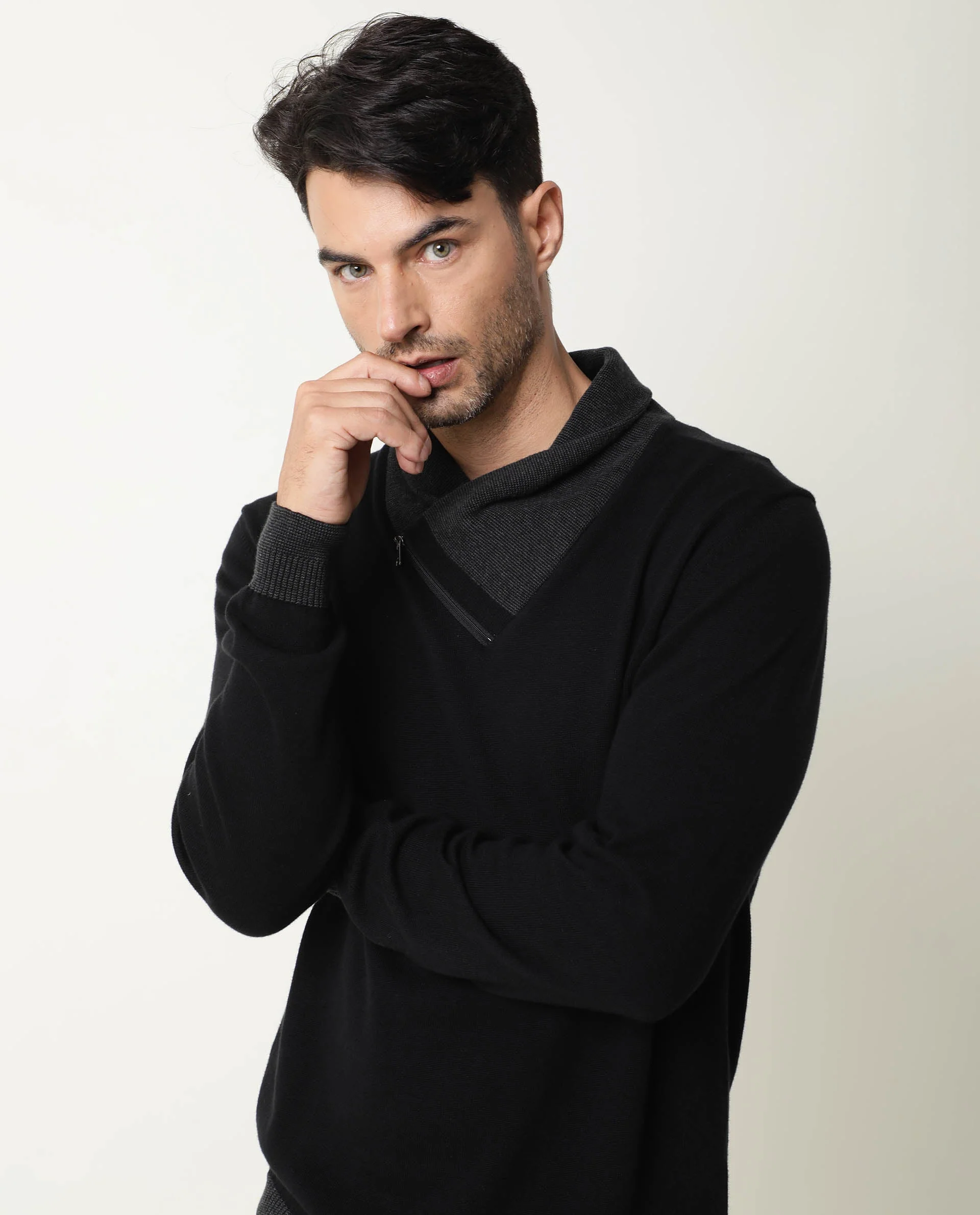 Rare Rabbit Men's Denver Black Plain Slim Fit Full Sleeve Shawl Neck Sweater - Image 7