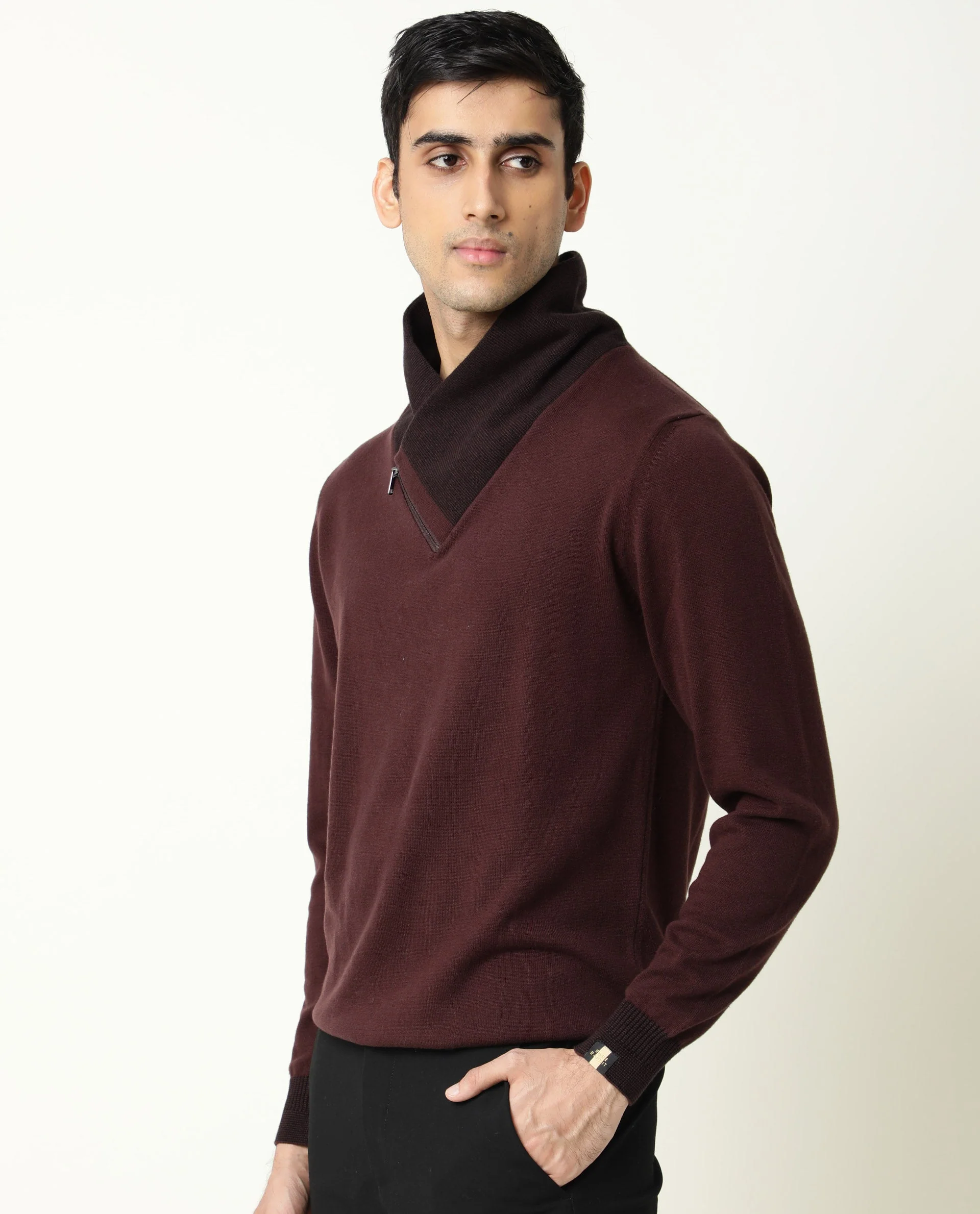 Rare Rabbit Men's Denver Maroon Cotton Plain Regular Fit Full Sleeve Shawl Neck Sweater - Image 2