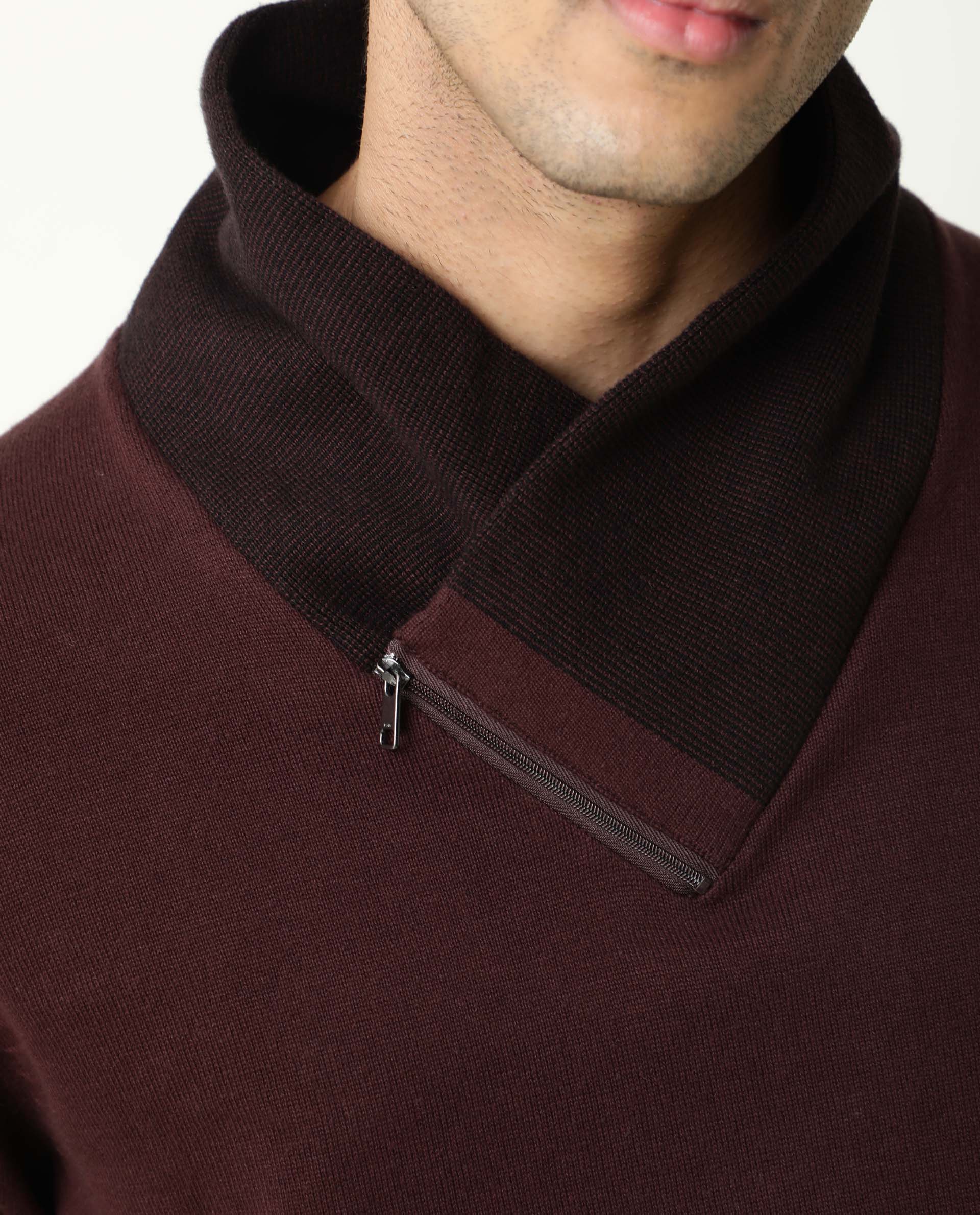 Rare Rabbit Men's Denver Maroon Cotton Plain Regular Fit Full Sleeve Shawl Neck Sweater - Image 3