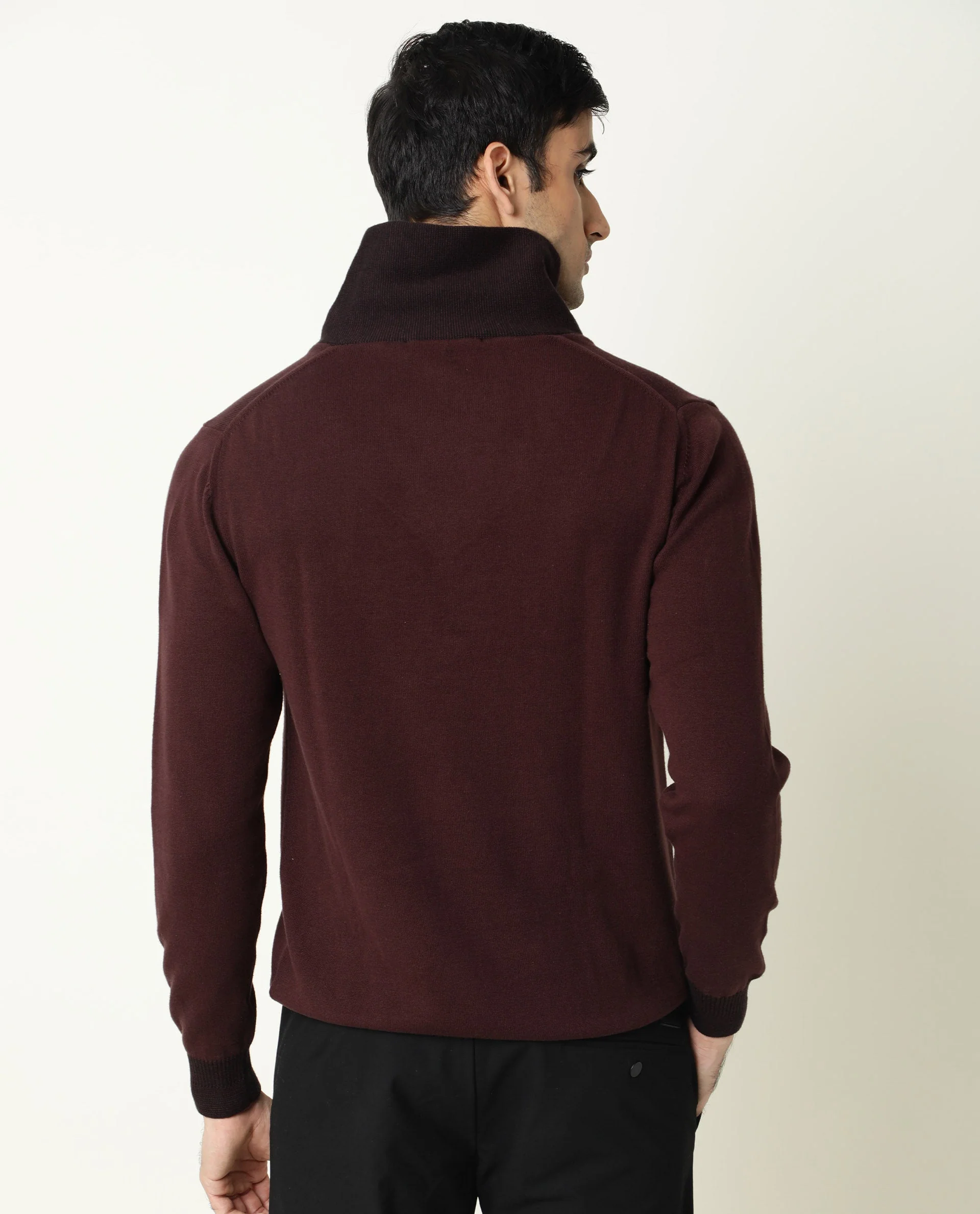 Rare Rabbit Men's Denver Maroon Cotton Plain Regular Fit Full Sleeve Shawl Neck Sweater - Image 4