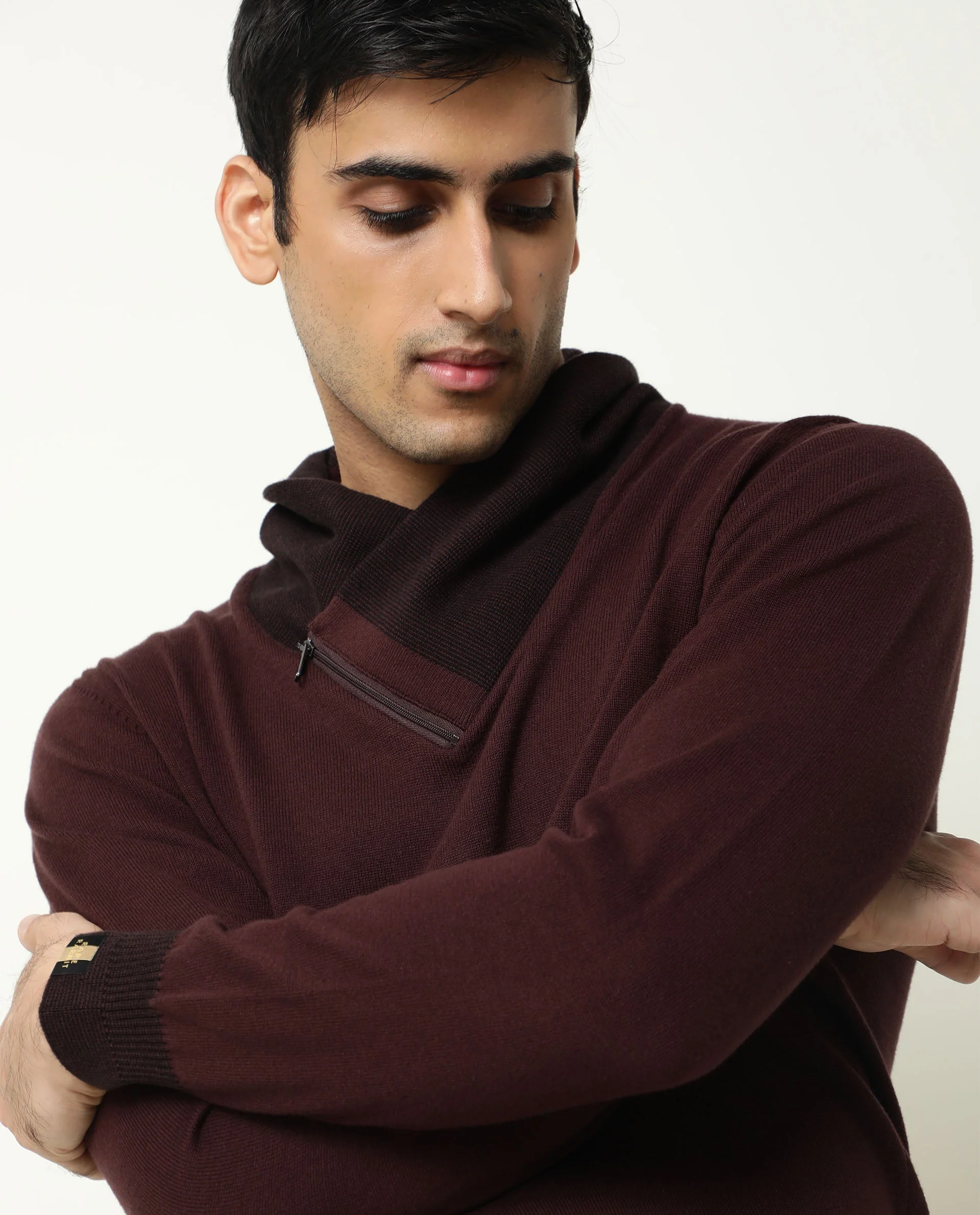 Rare Rabbit Men's Denver Maroon Cotton Plain Regular Fit Full Sleeve Shawl Neck Sweater - Image 5