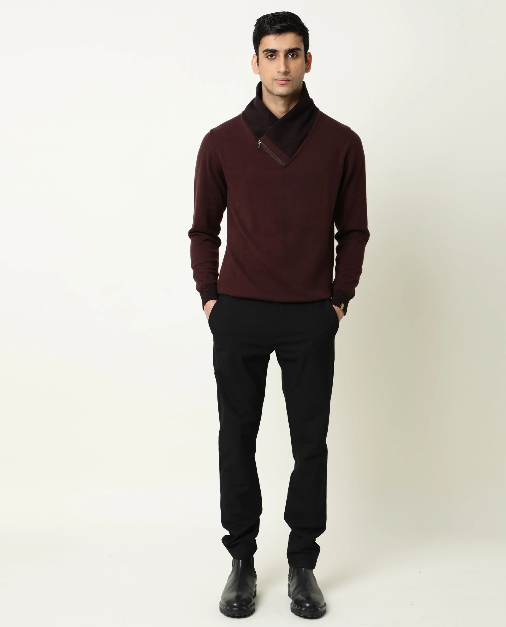 Rare Rabbit Men's Denver Maroon Cotton Plain Regular Fit Full Sleeve Shawl Neck Sweater - Image 6
