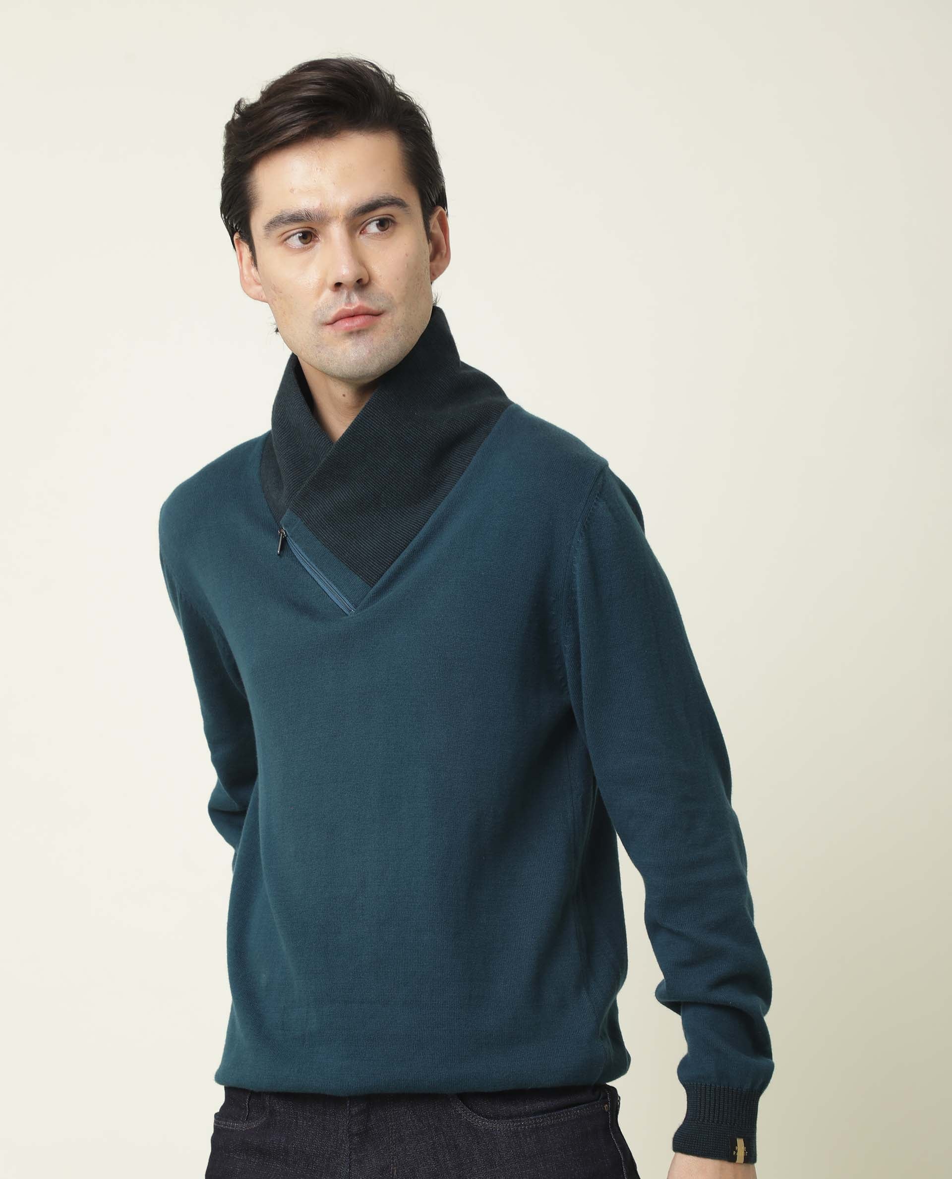 Rare Rabbit Men's Denver Petrol Plain Slim Fit Full Sleeve Shawl Neck Sweater