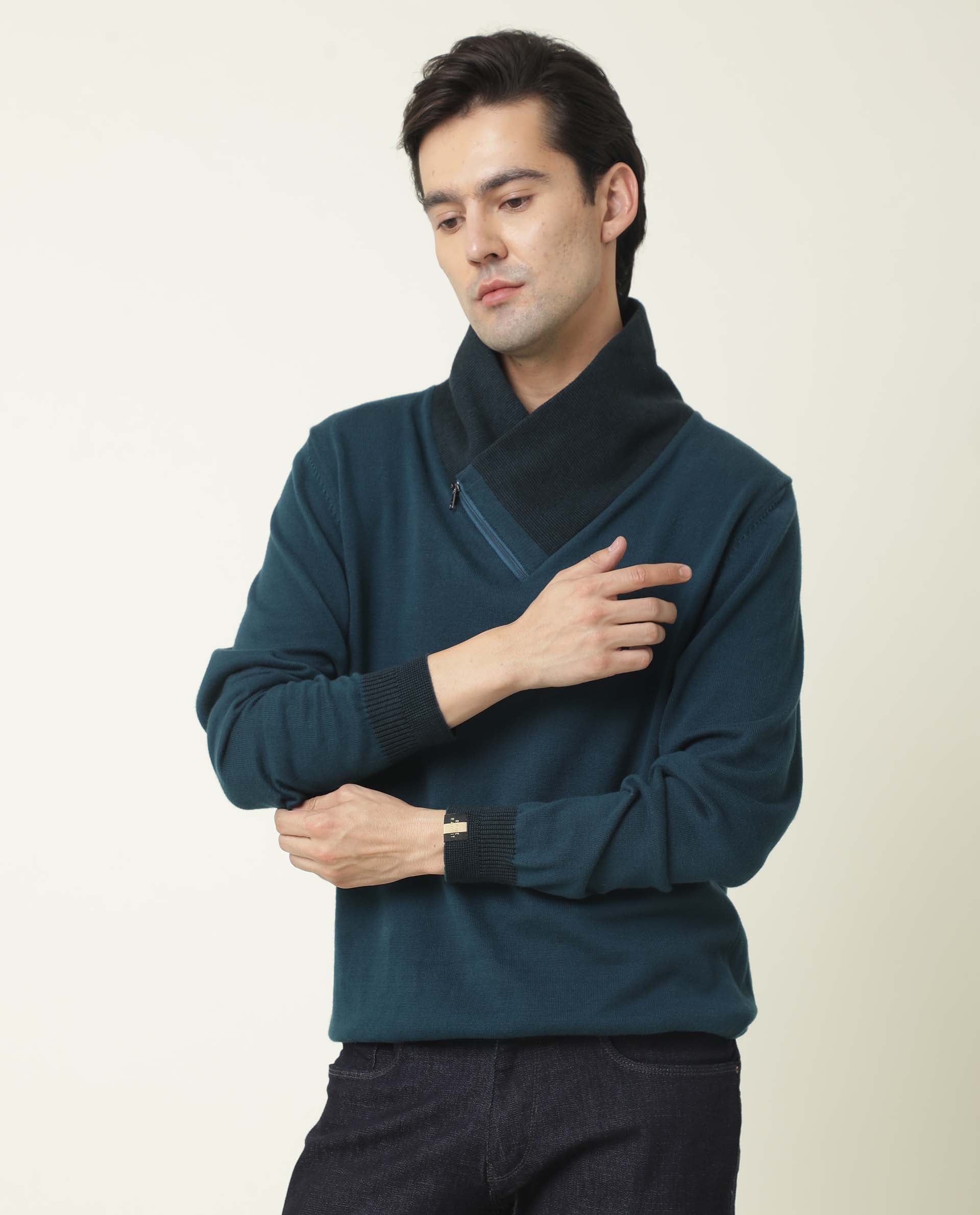 Rare Rabbit Men's Denver Petrol Plain Slim Fit Full Sleeve Shawl Neck Sweater - Image 3