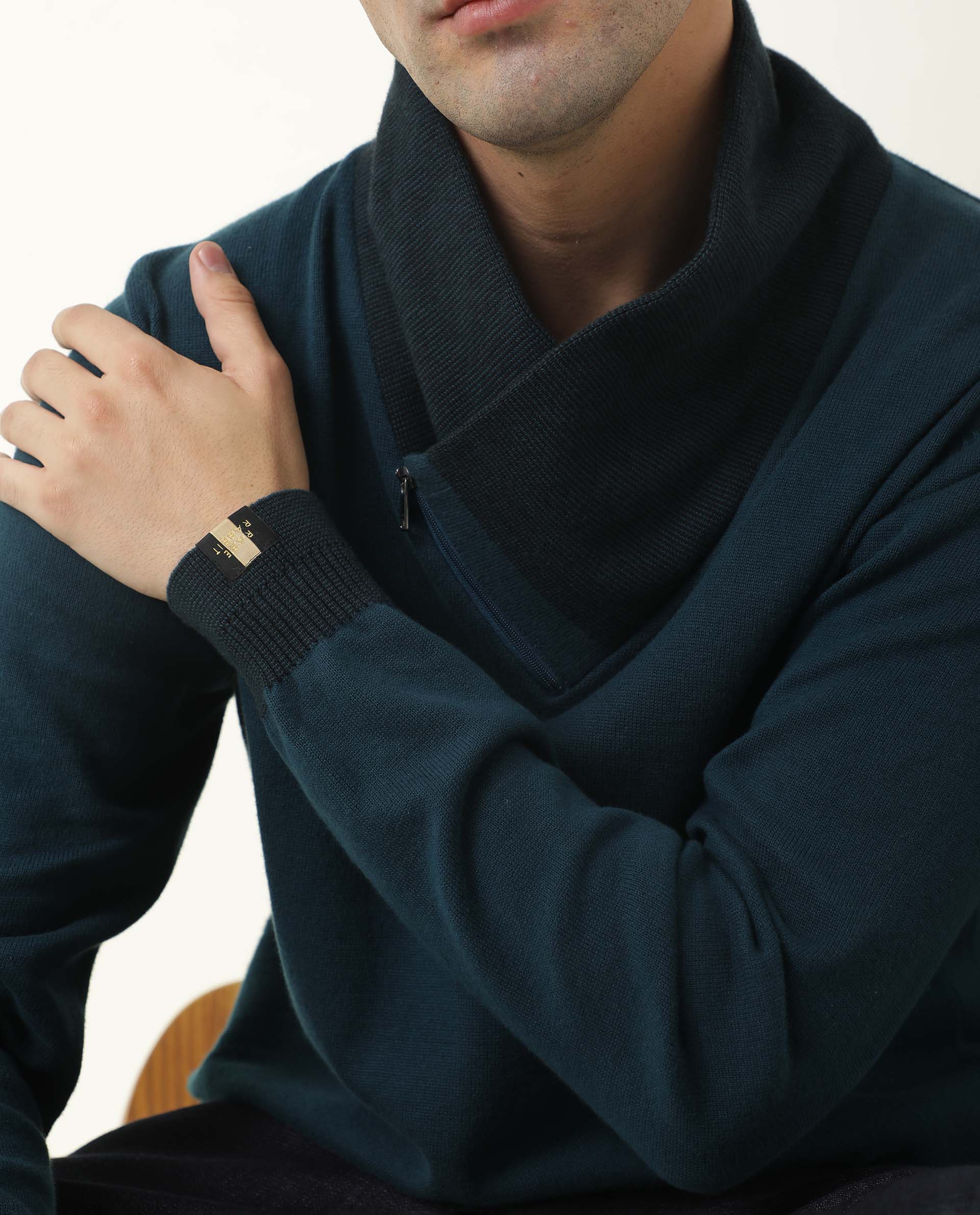 Rare Rabbit Men's Denver Petrol Plain Slim Fit Full Sleeve Shawl Neck Sweater - Image 4