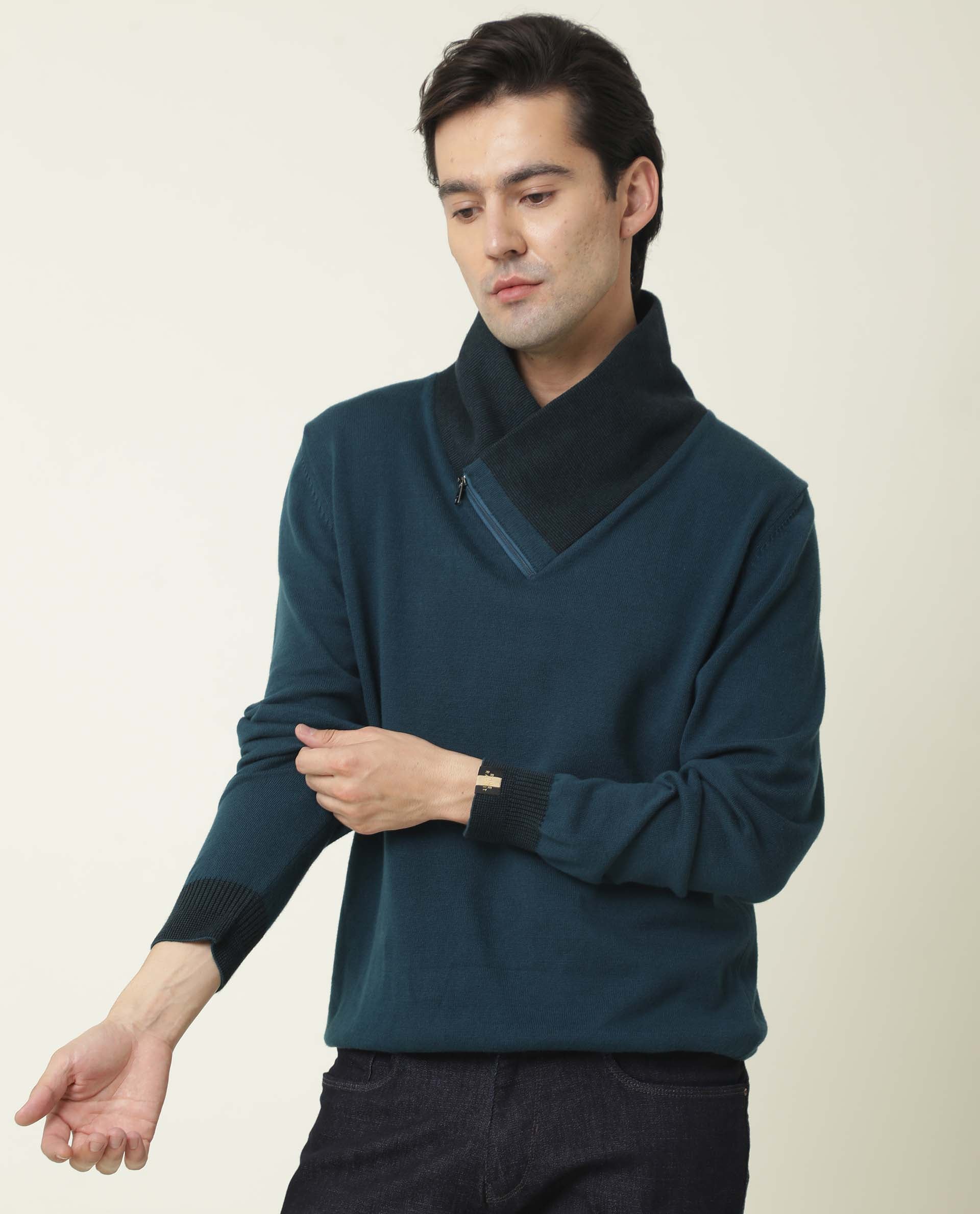 Rare Rabbit Men's Denver Petrol Plain Slim Fit Full Sleeve Shawl Neck Sweater - Image 5