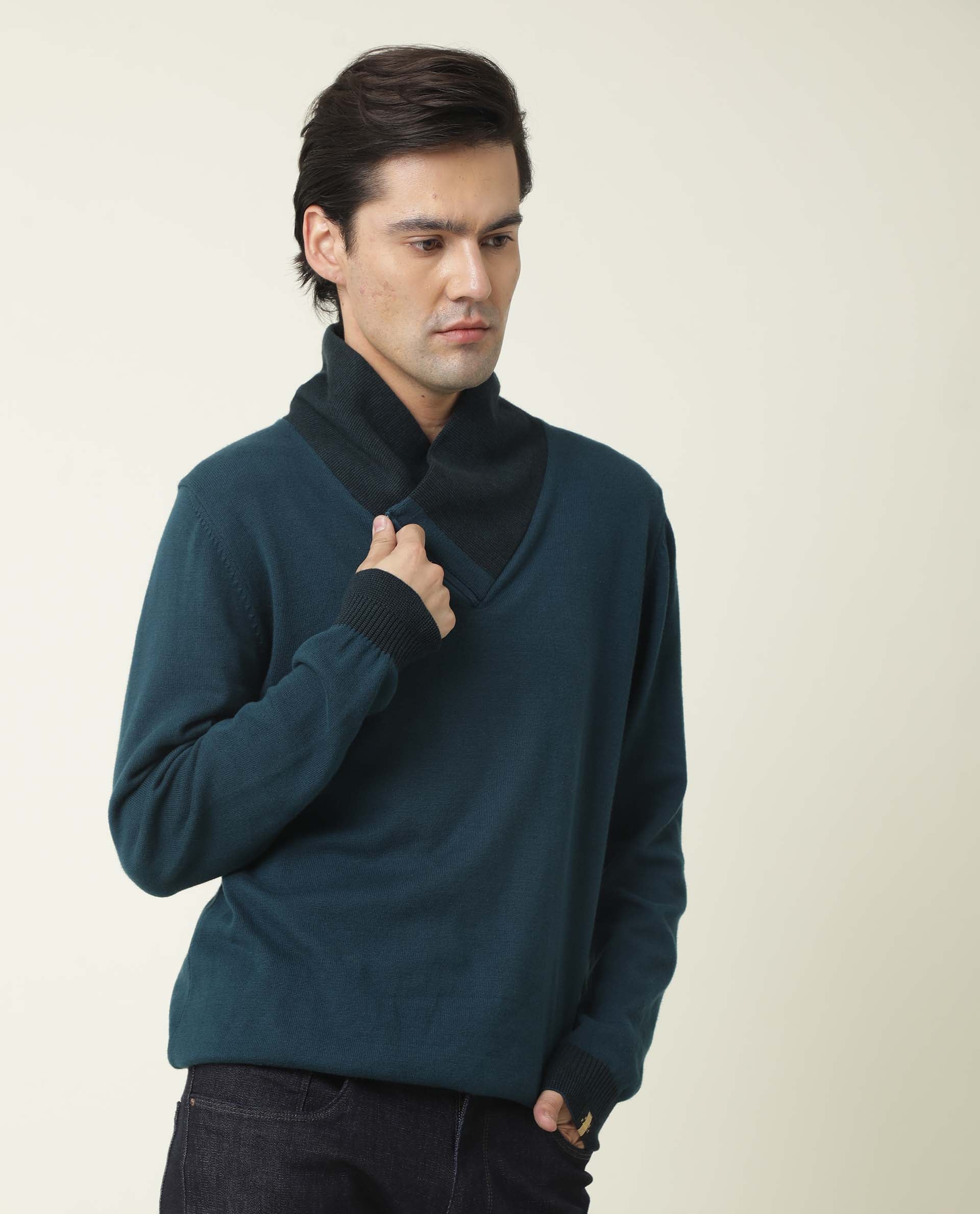 Rare Rabbit Men's Denver Petrol Plain Slim Fit Full Sleeve Shawl Neck Sweater - Image 6