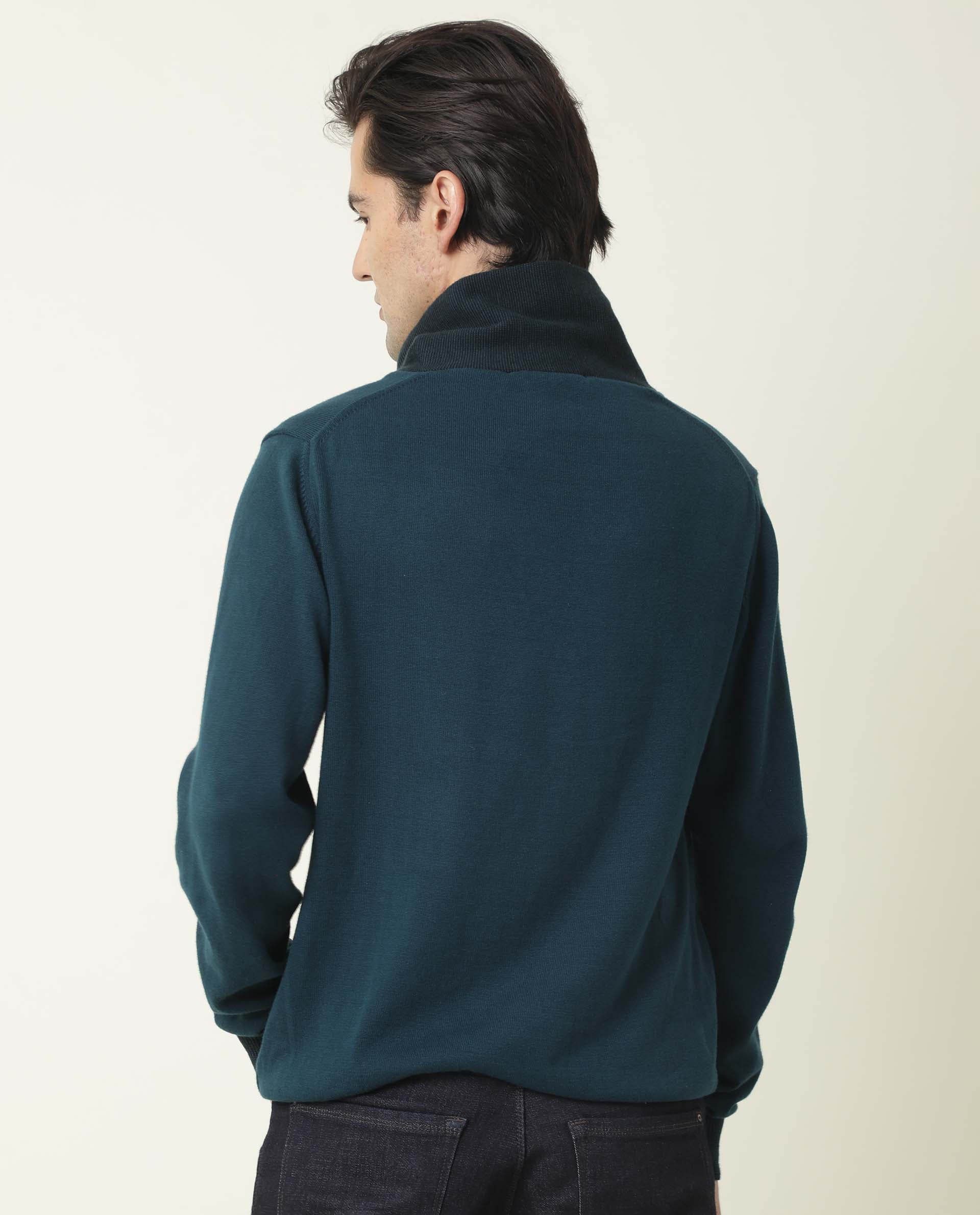 Rare Rabbit Men's Denver Petrol Plain Slim Fit Full Sleeve Shawl Neck Sweater - Image 7