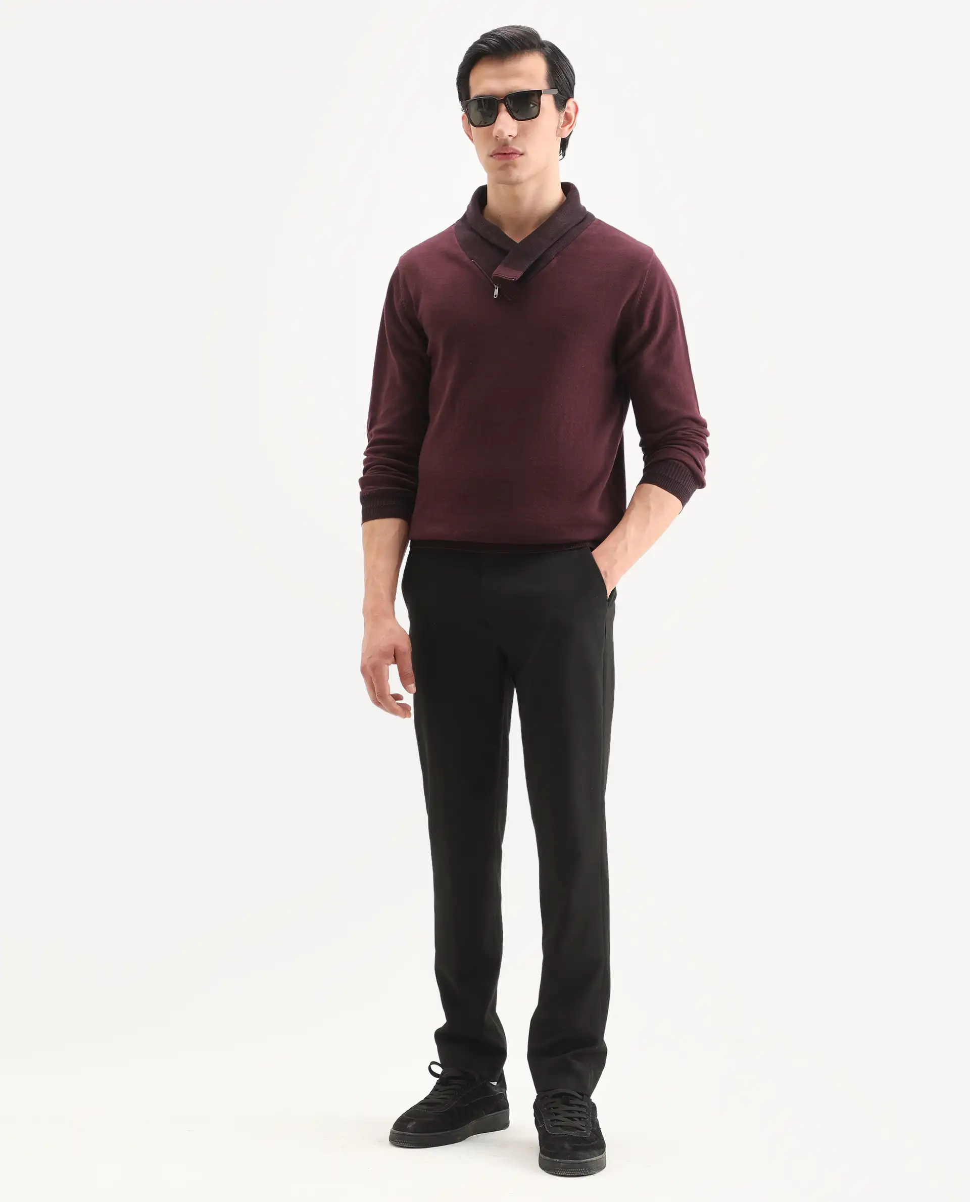 Rare Rabbit Men's Denver Brown Cotton Plain Regular Fit Full Sleeve Shawl Neck Sweater - Image 2