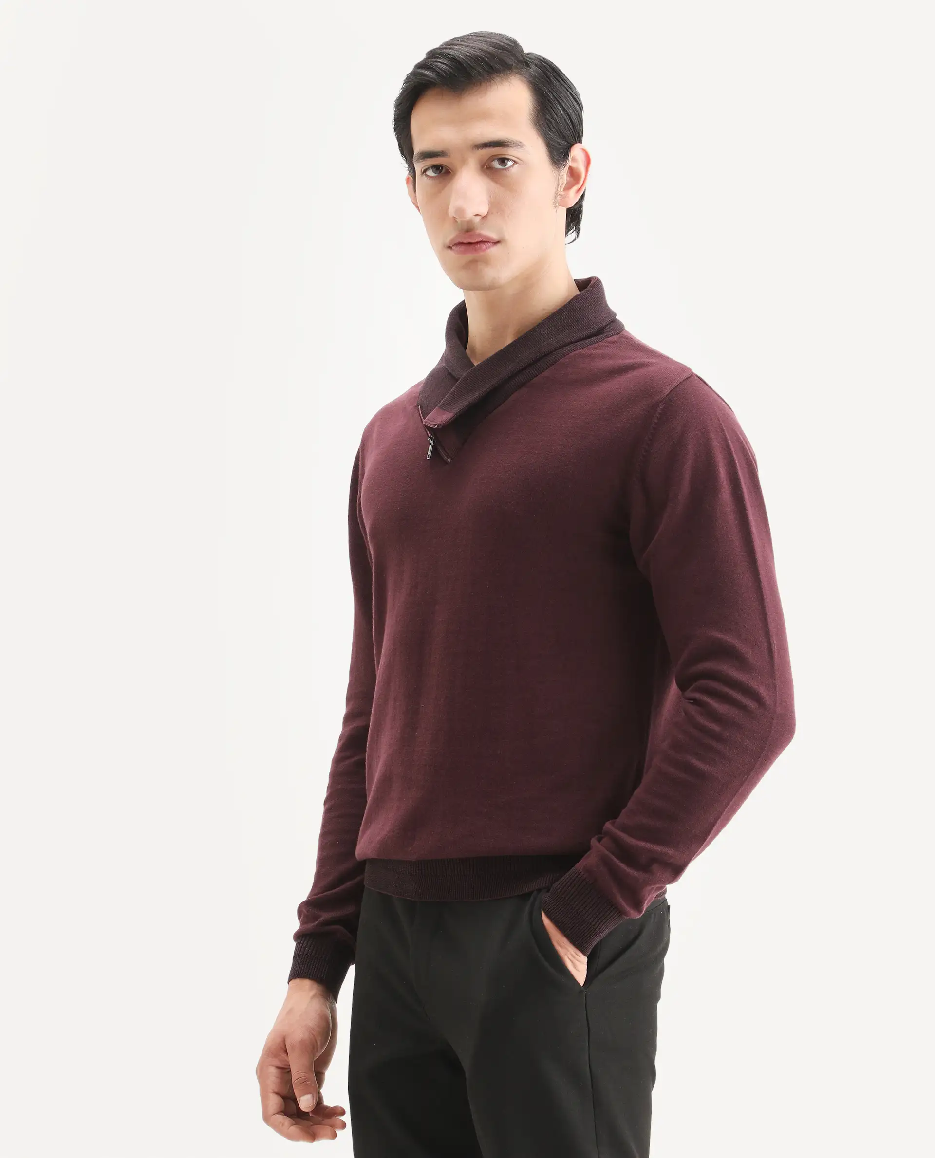Rare Rabbit Men's Denver Brown Cotton Plain Regular Fit Full Sleeve Shawl Neck Sweater - Image 3