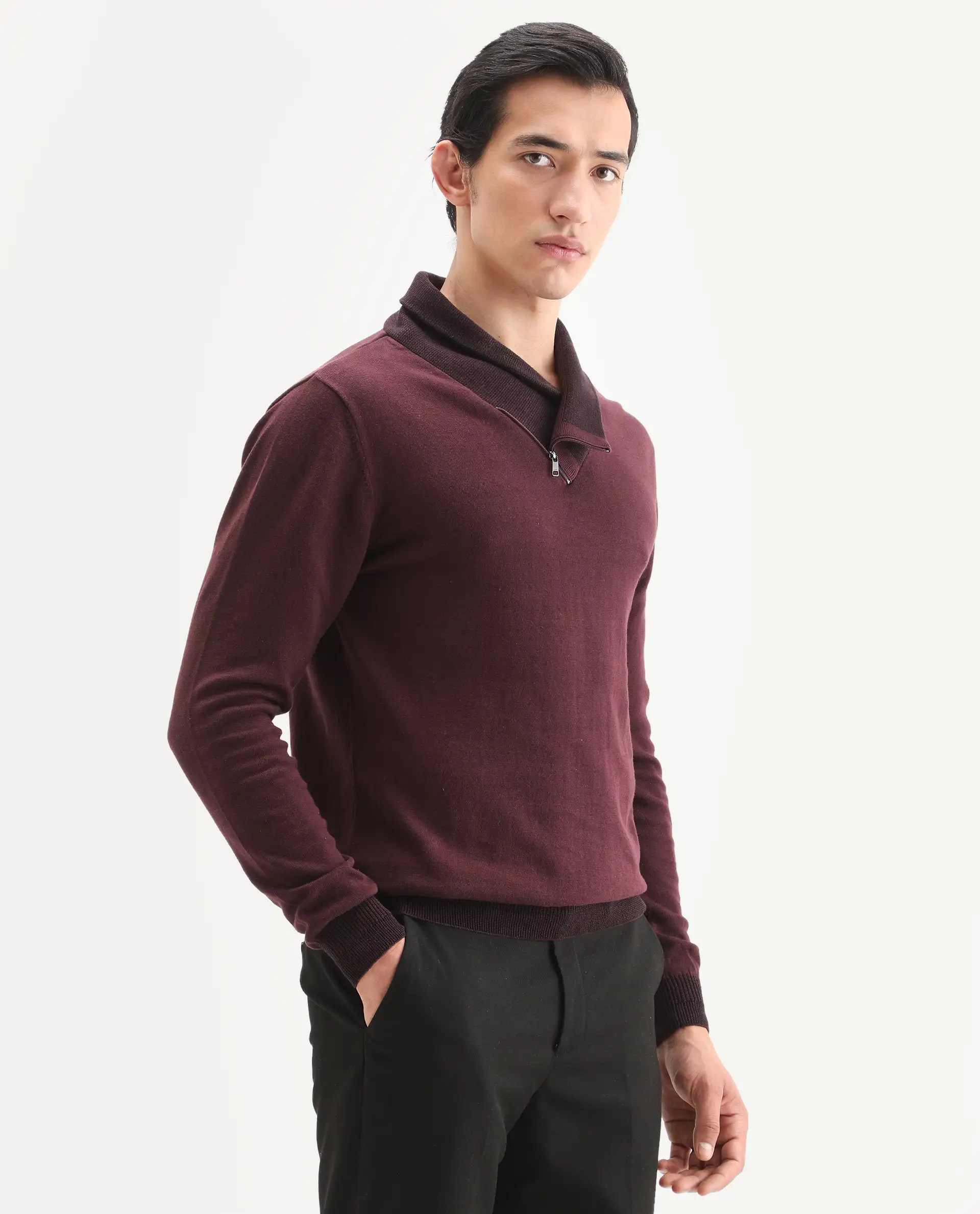 Rare Rabbit Men's Denver Brown Cotton Plain Regular Fit Full Sleeve Shawl Neck Sweater - Image 4