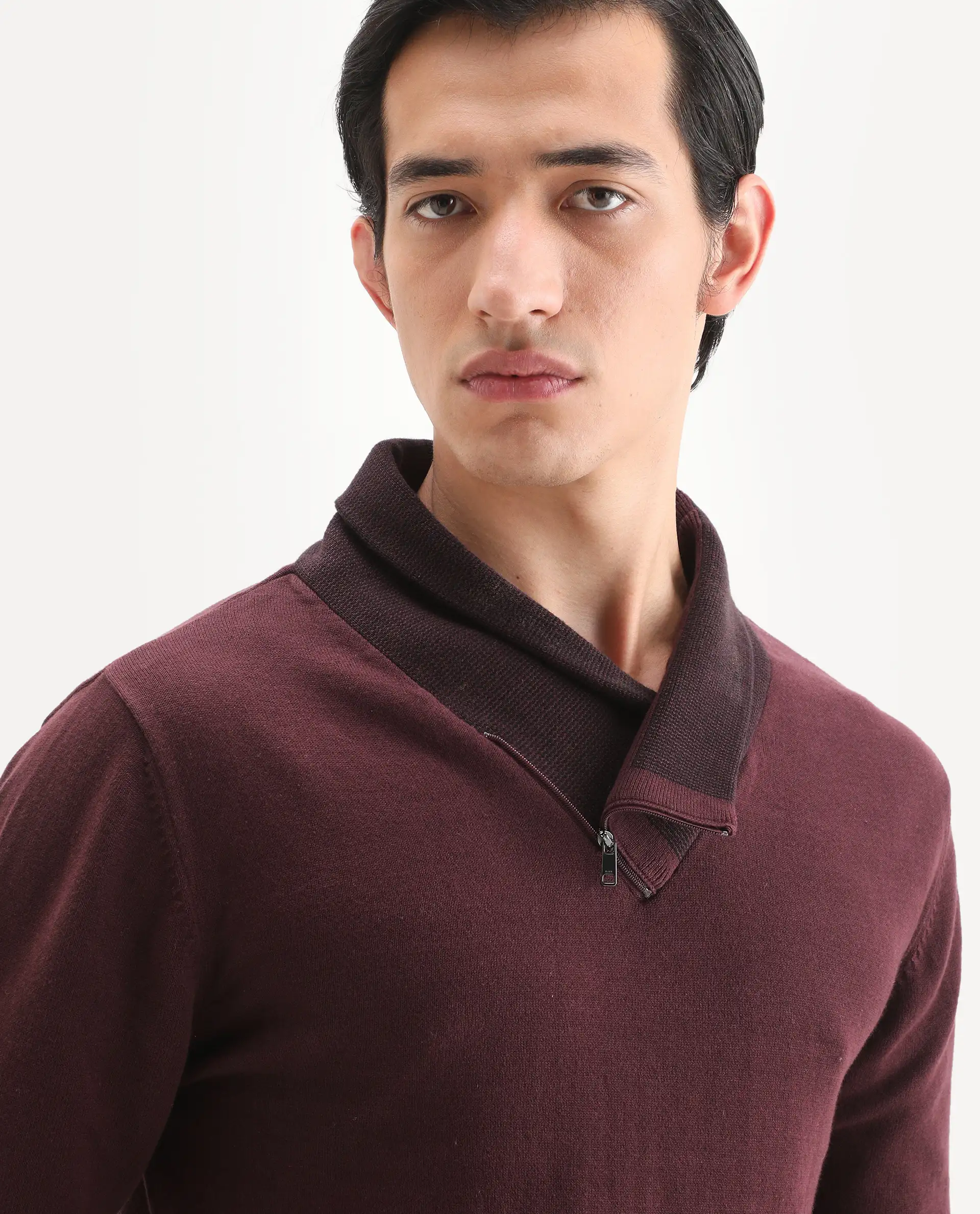 Rare Rabbit Men's Denver Brown Cotton Plain Regular Fit Full Sleeve Shawl Neck Sweater - Image 5