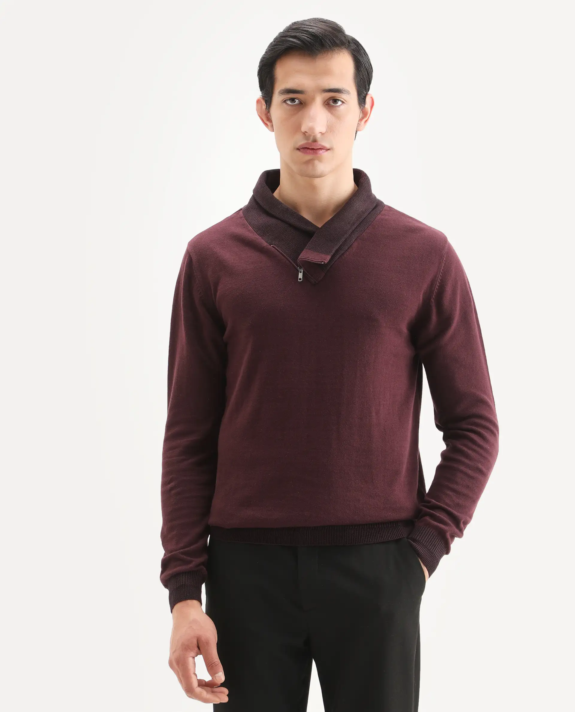 Rare Rabbit Men's Denver Brown Cotton Plain Regular Fit Full Sleeve Shawl Neck Sweater - Image 7