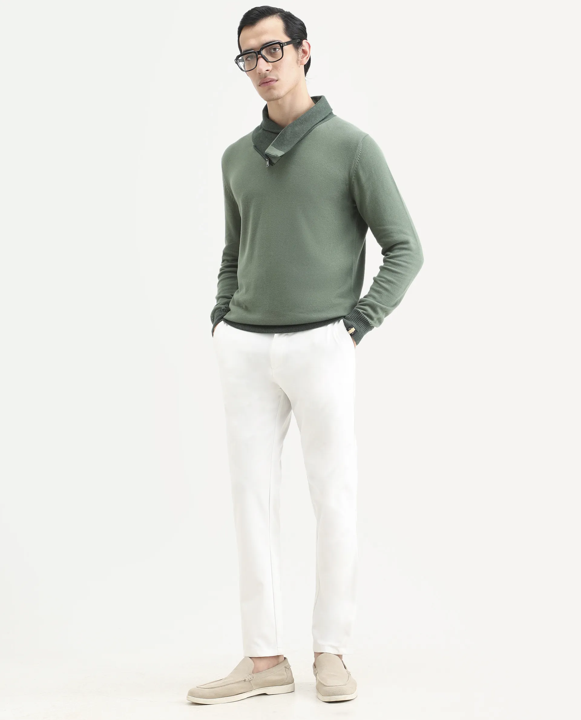 Rare Rabbit Men's Denver Dark Green Cotton Plain Regular Fit Full Sleeve Shawl Neck Sweater - Image 2