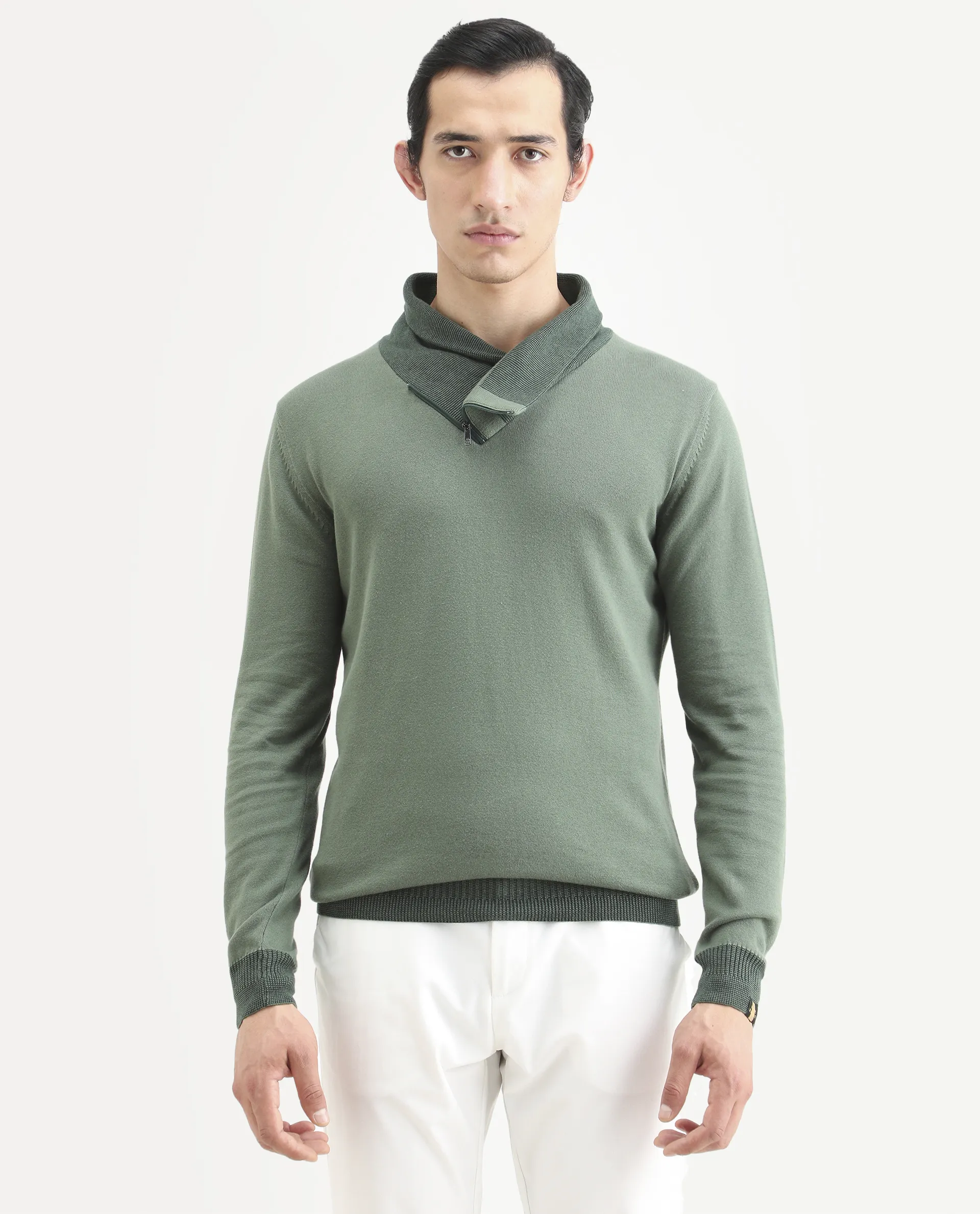 Rare Rabbit Men's Denver Dark Green Cotton Plain Regular Fit Full Sleeve Shawl Neck Sweater - Image 3