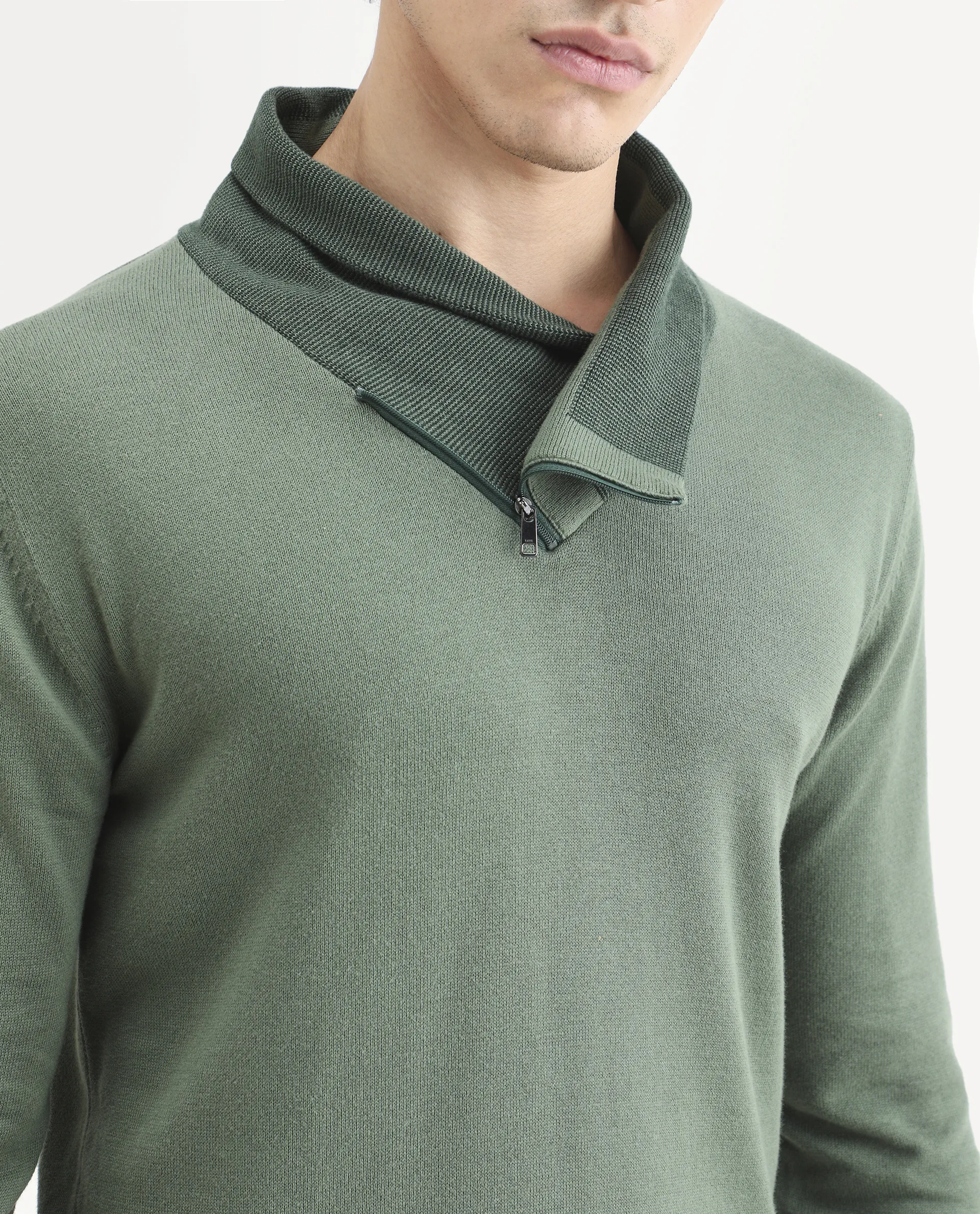 Rare Rabbit Men's Denver Dark Green Cotton Plain Regular Fit Full Sleeve Shawl Neck Sweater - Image 4