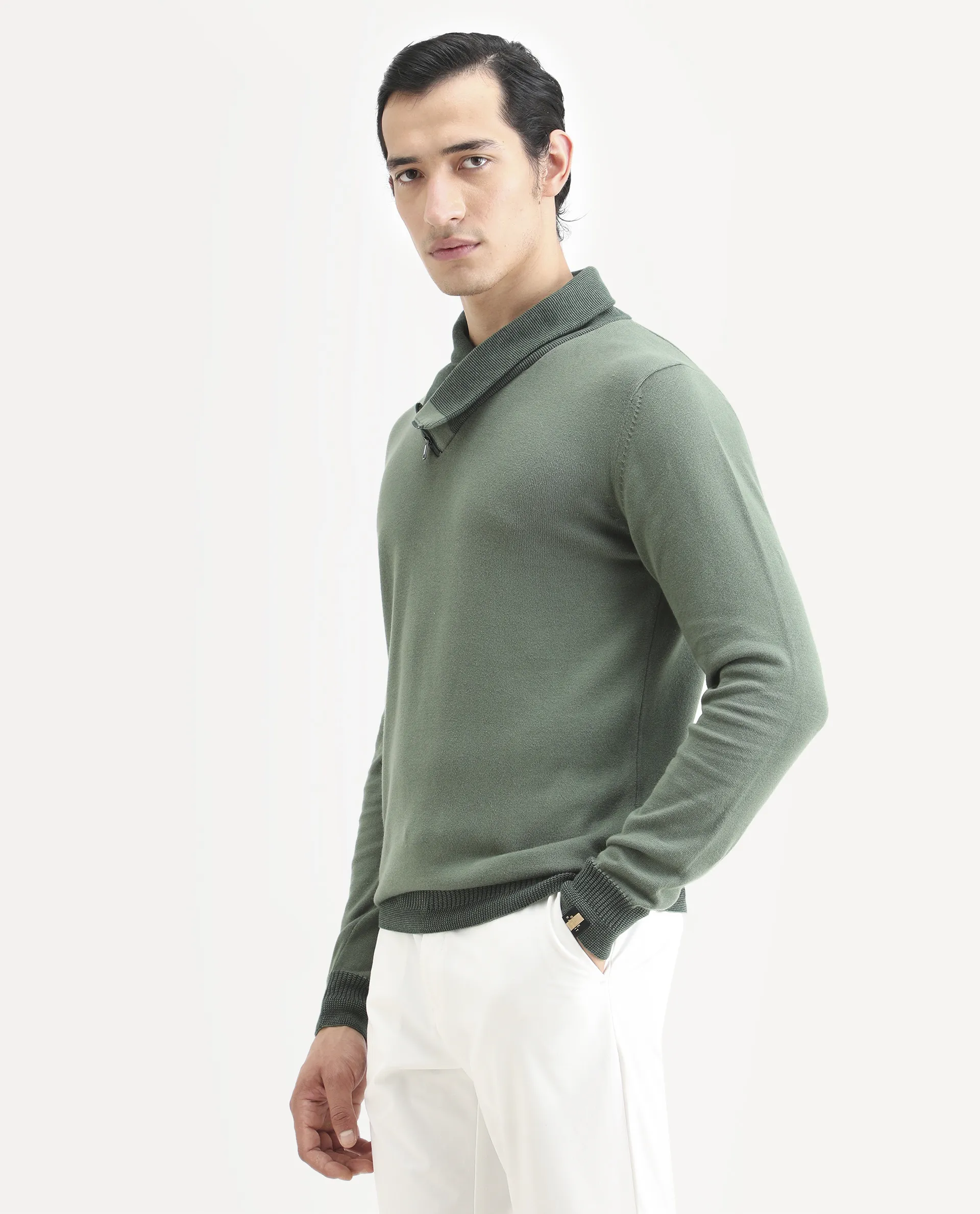 Rare Rabbit Men's Denver Dark Green Cotton Plain Regular Fit Full Sleeve Shawl Neck Sweater - Image 5