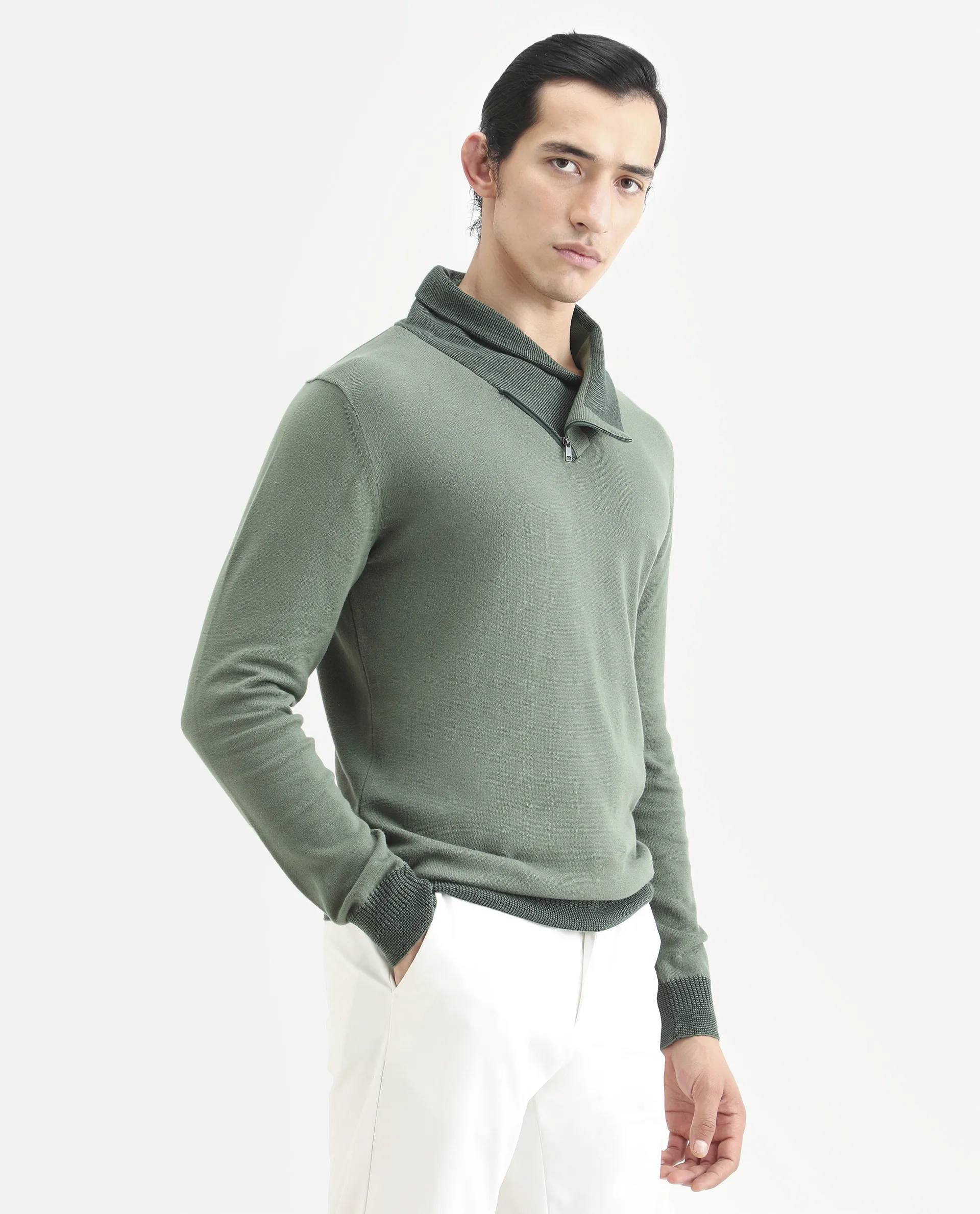 Rare Rabbit Men's Denver Dark Green Cotton Plain Regular Fit Full Sleeve Shawl Neck Sweater - Image 6