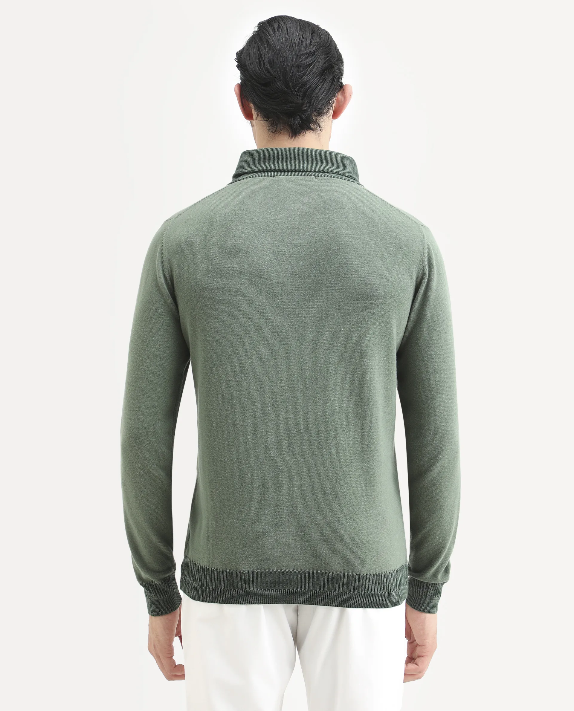 Rare Rabbit Men's Denver Dark Green Cotton Plain Regular Fit Full Sleeve Shawl Neck Sweater - Image 7
