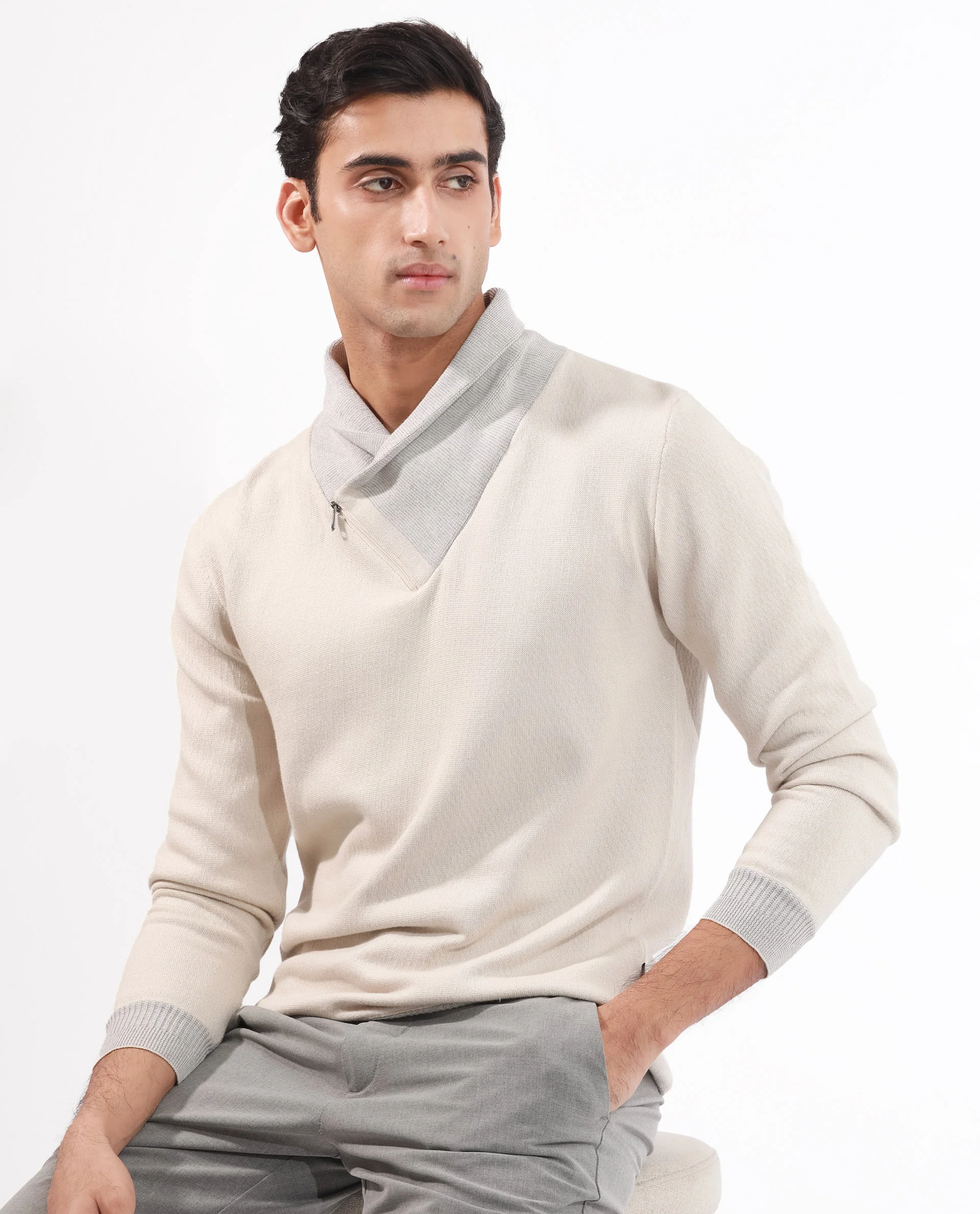 Rare Rabbit Men's Denver Off White Plain Regular Fit Full Sleeve Cowl Neck Sweater