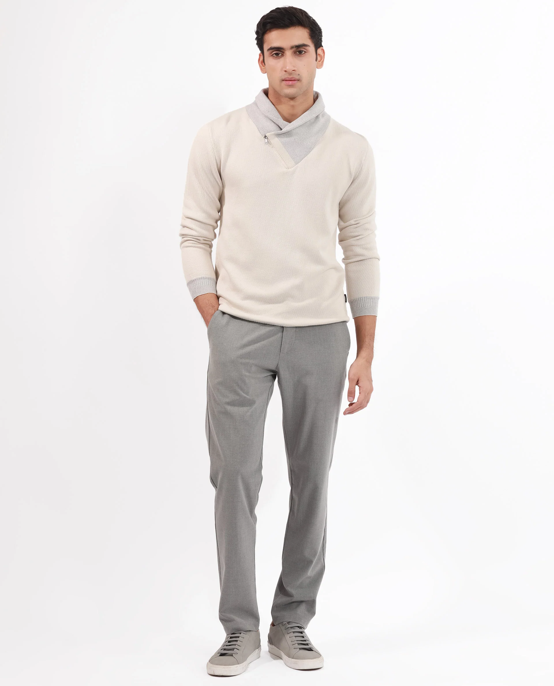 Rare Rabbit Men's Denver Off White Plain Regular Fit Full Sleeve Cowl Neck Sweater - Image 3