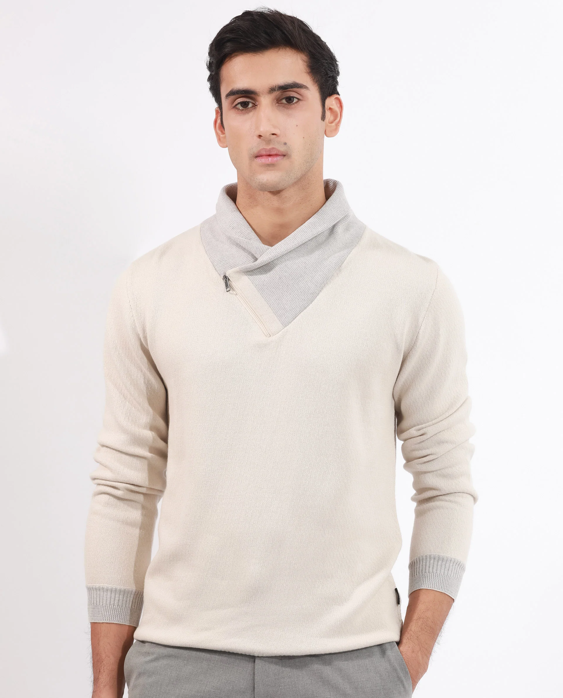Rare Rabbit Men's Denver Off White Plain Regular Fit Full Sleeve Cowl Neck Sweater - Image 4