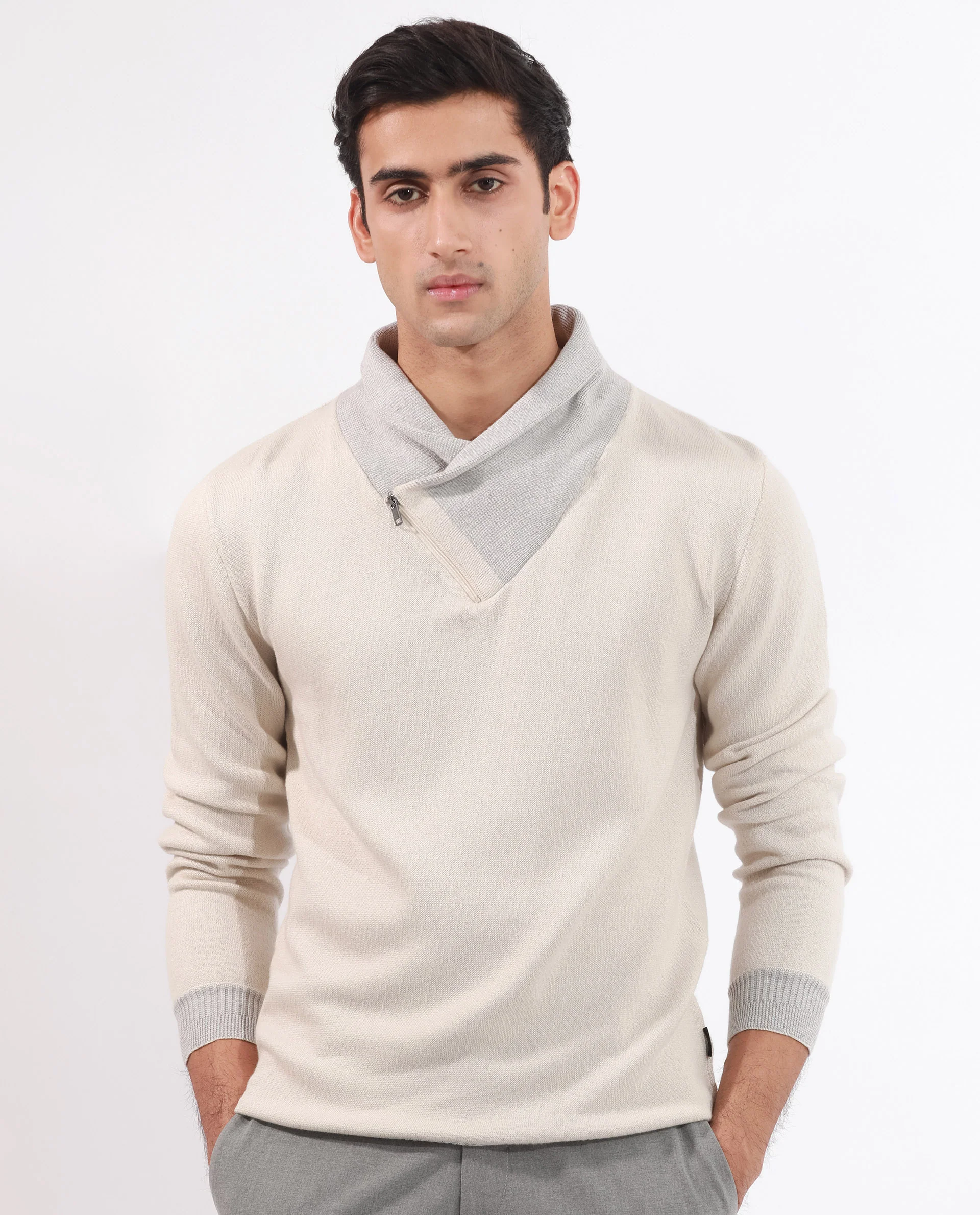 Rare Rabbit Men's Denver Off White Plain Regular Fit Full Sleeve Cowl Neck Sweater - Image 5