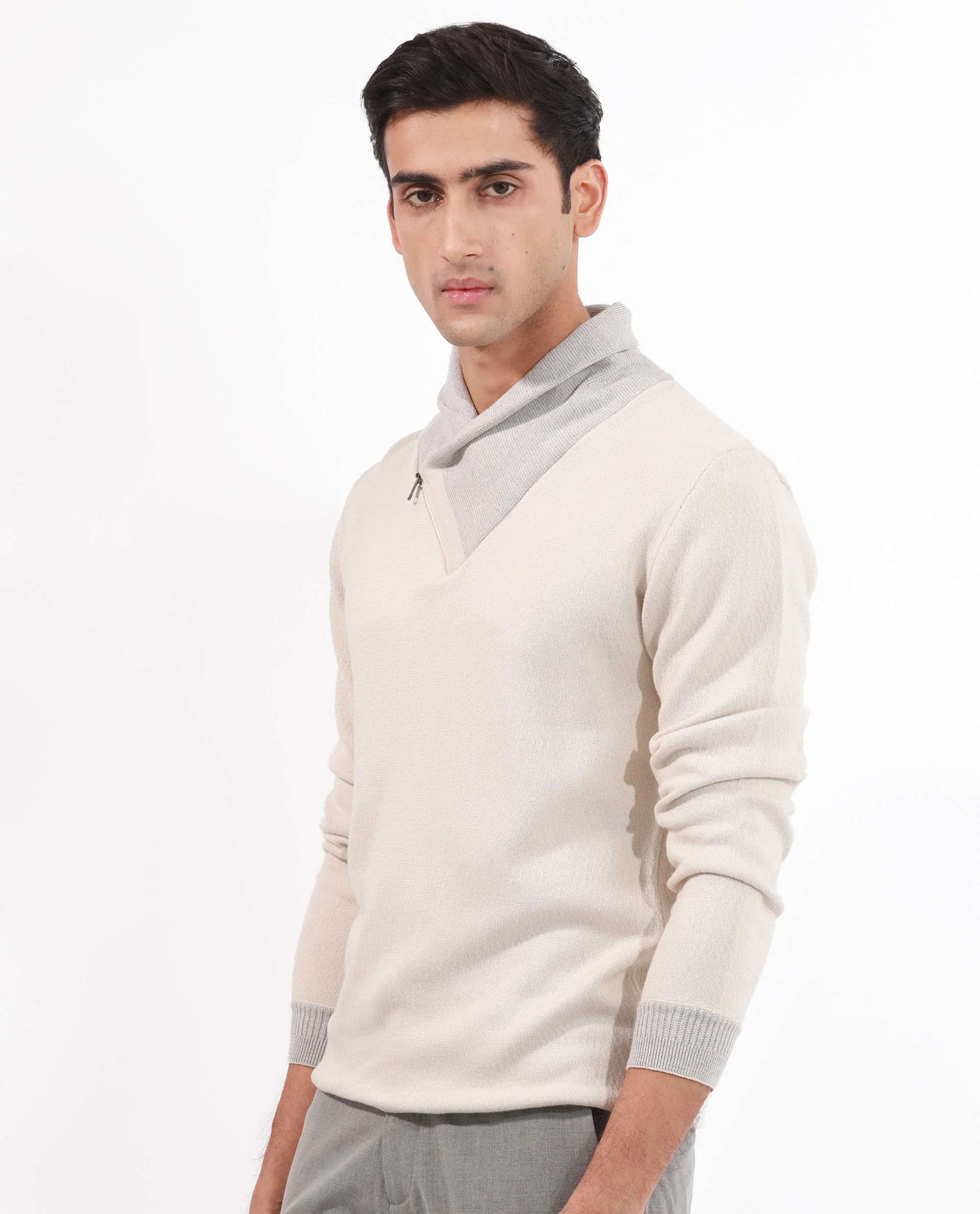 Rare Rabbit Men's Denver Off White Plain Regular Fit Full Sleeve Cowl Neck Sweater - Image 6