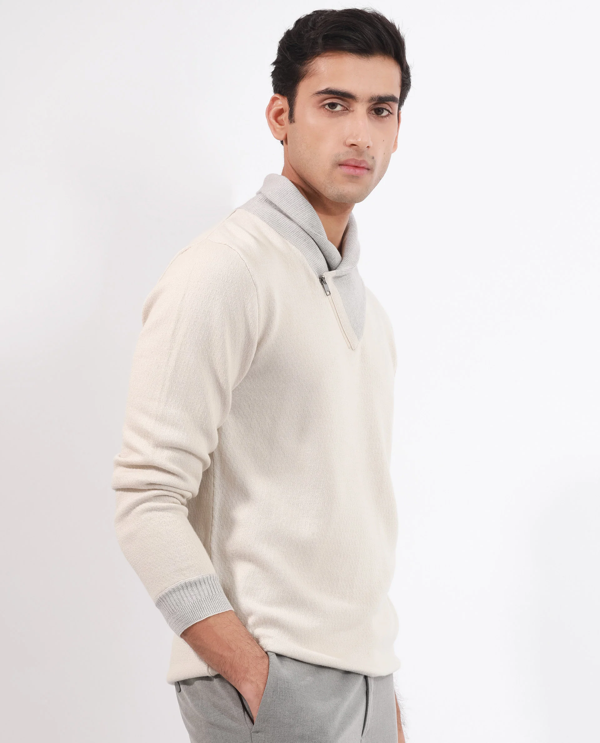Rare Rabbit Men's Denver Off White Plain Regular Fit Full Sleeve Cowl Neck Sweater - Image 7