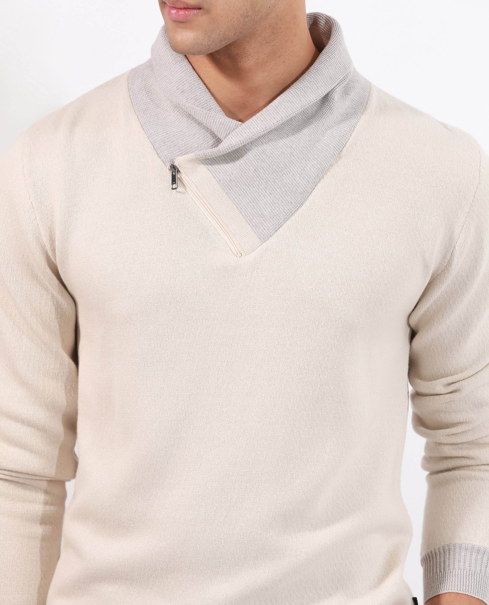 Rare Rabbit Men's Denver Off White Plain Regular Fit Full Sleeve Cowl Neck Sweater - Image 8