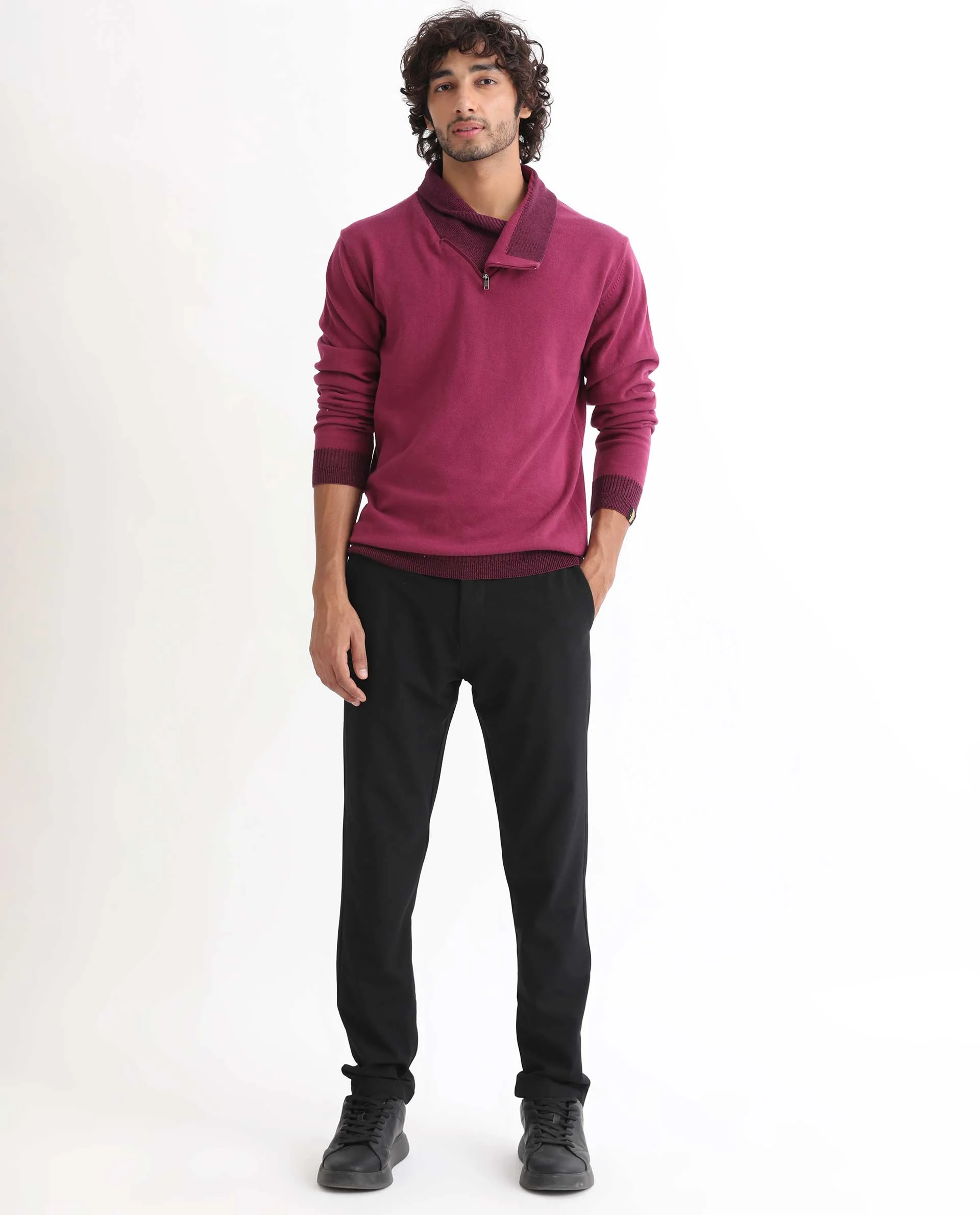 Rare Rabbit Men's Denver Pink Cotton Plain Regular Fit Full Sleeve Shawl Neck Sweater - Image 3