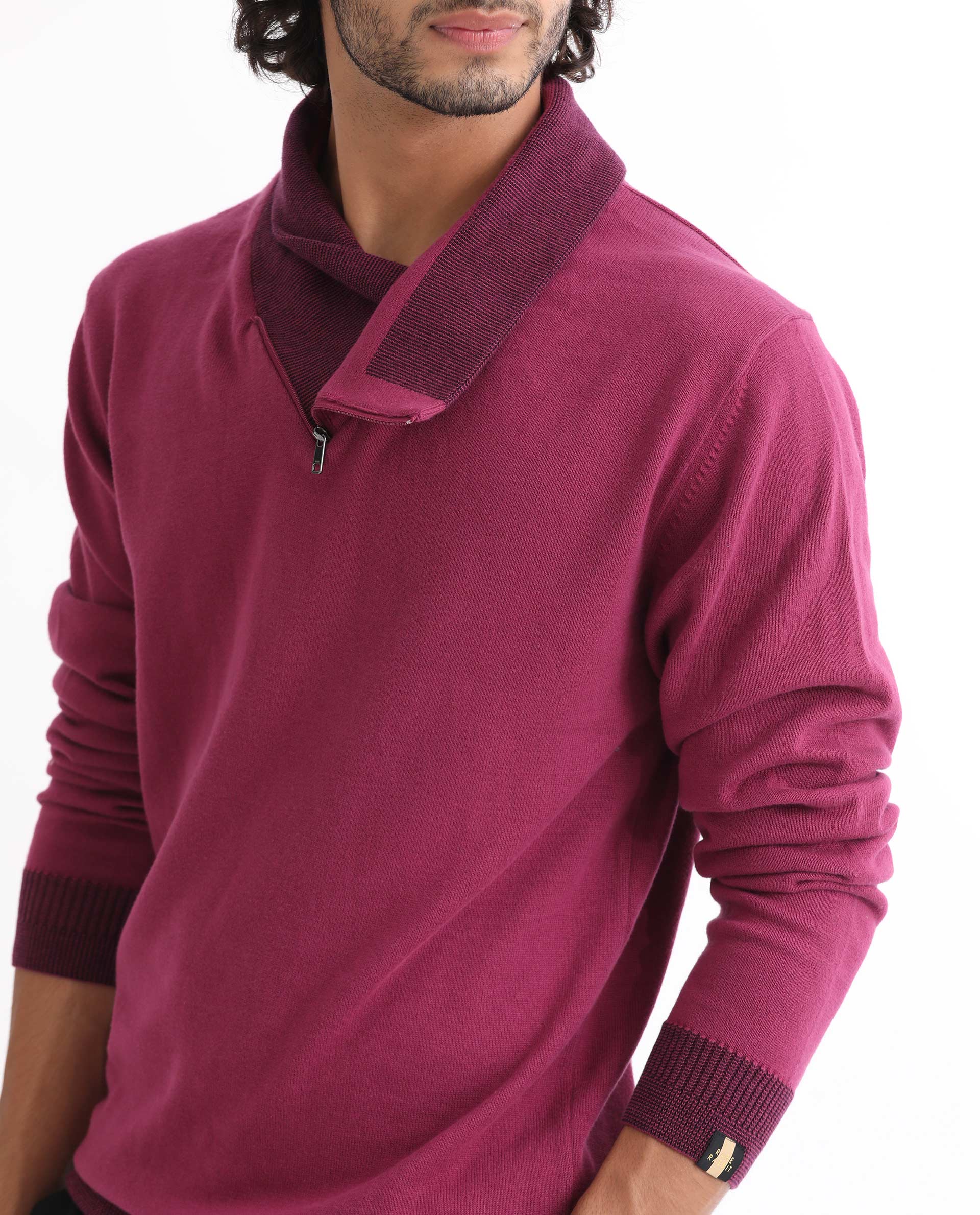 Rare Rabbit Men's Denver Pink Cotton Plain Regular Fit Full Sleeve Shawl Neck Sweater - Image 4