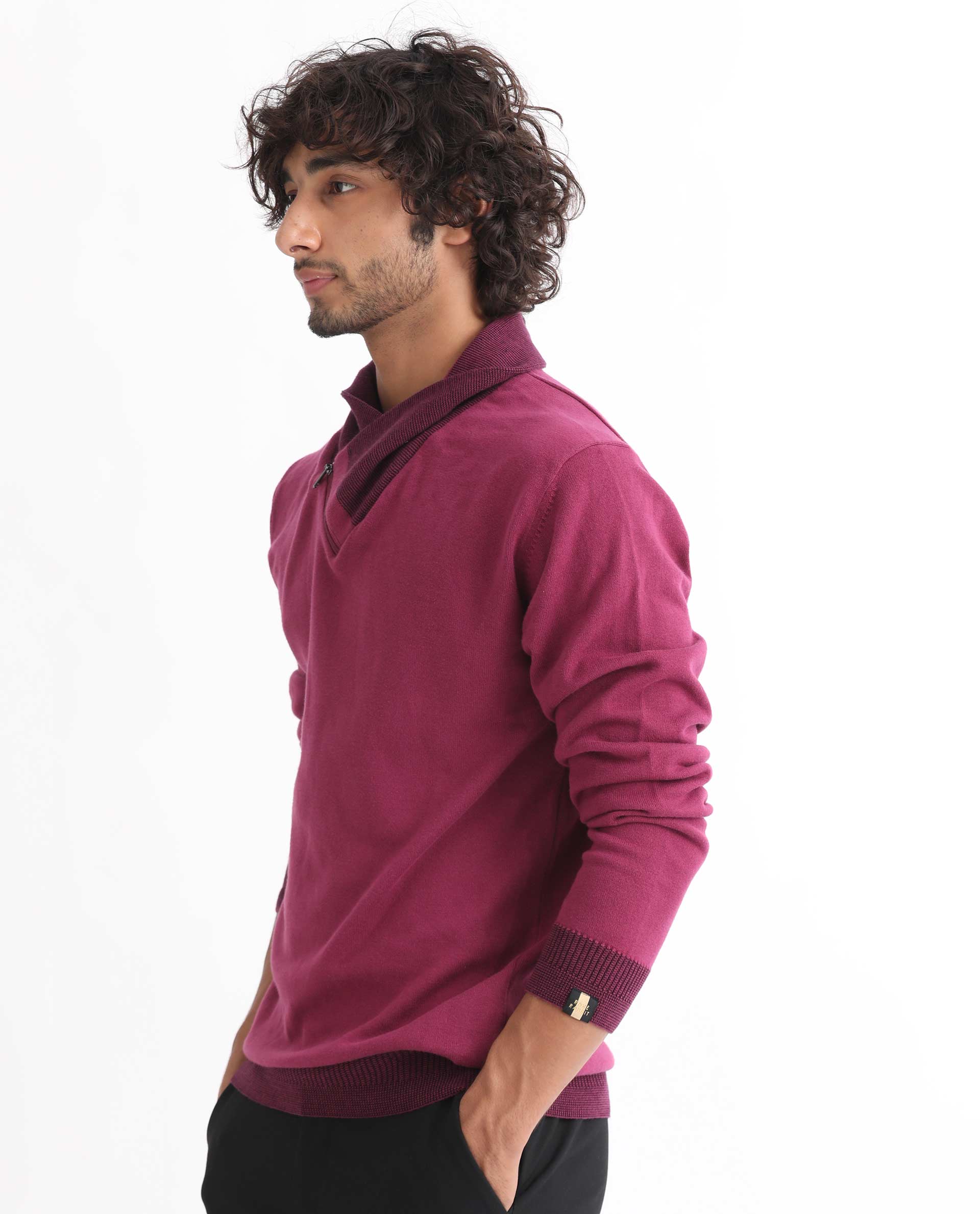 Rare Rabbit Men's Denver Pink Cotton Plain Regular Fit Full Sleeve Shawl Neck Sweater - Image 7