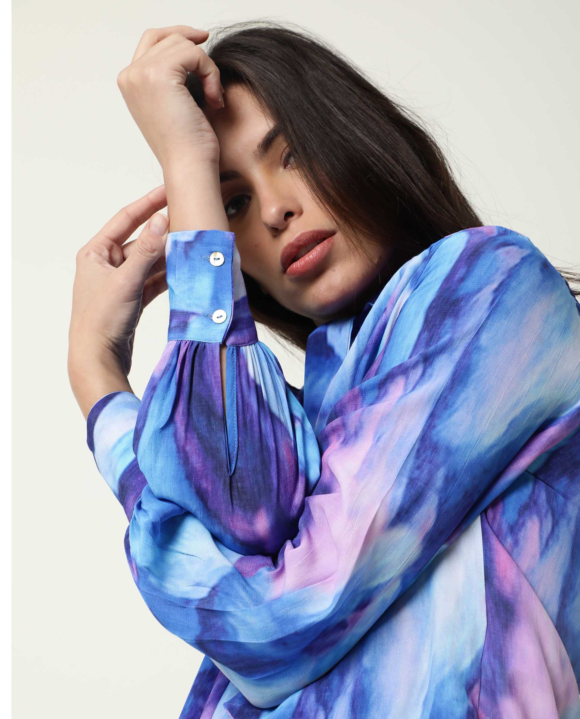 Rareism Womens Denvor Multi Top Poly Viscose Fabric Loose Fit Balloon Sleeve Collared Neck - Image 2