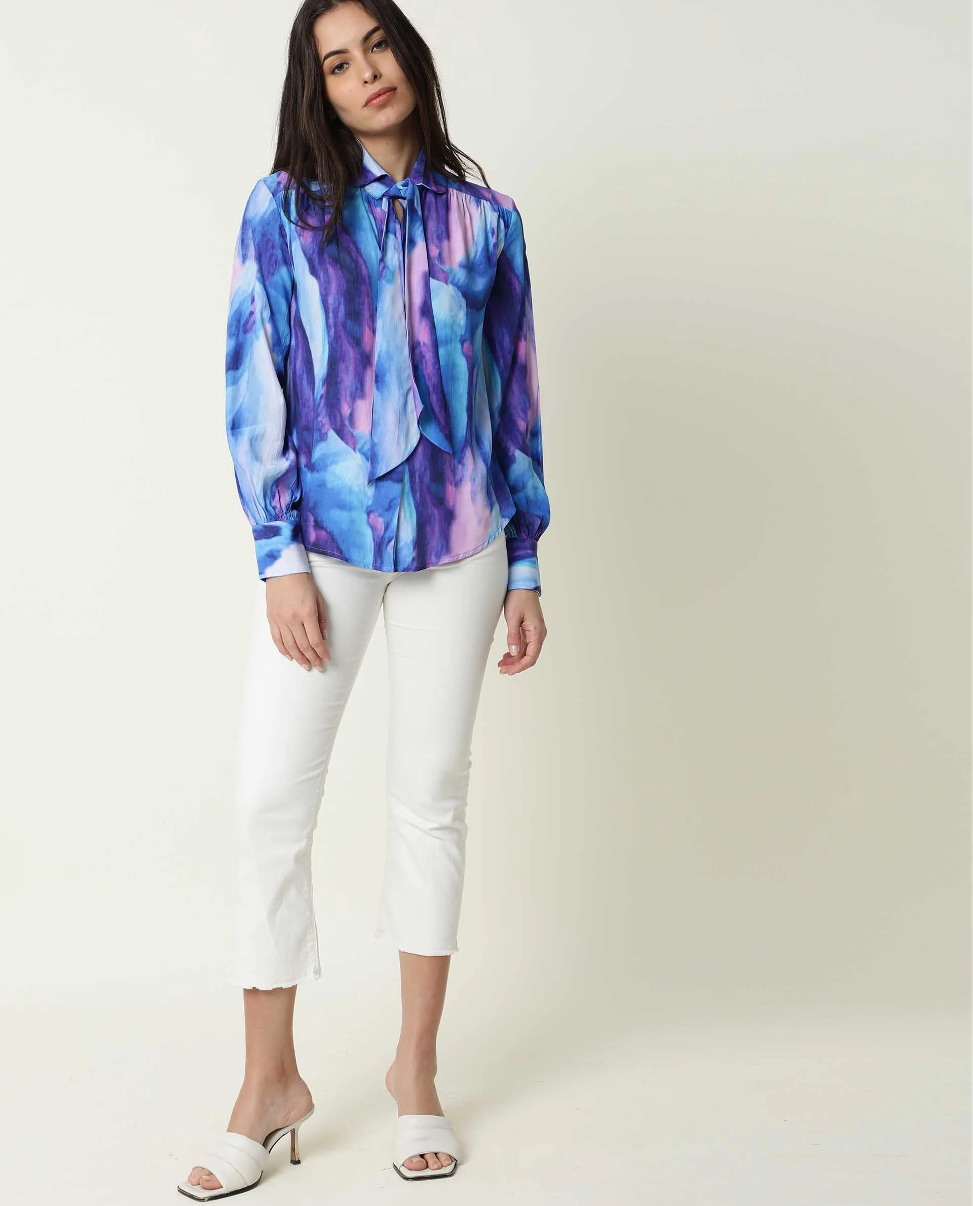 Rareism Womens Denvor Multi Top Poly Viscose Fabric Loose Fit Balloon Sleeve Collared Neck - Image 3