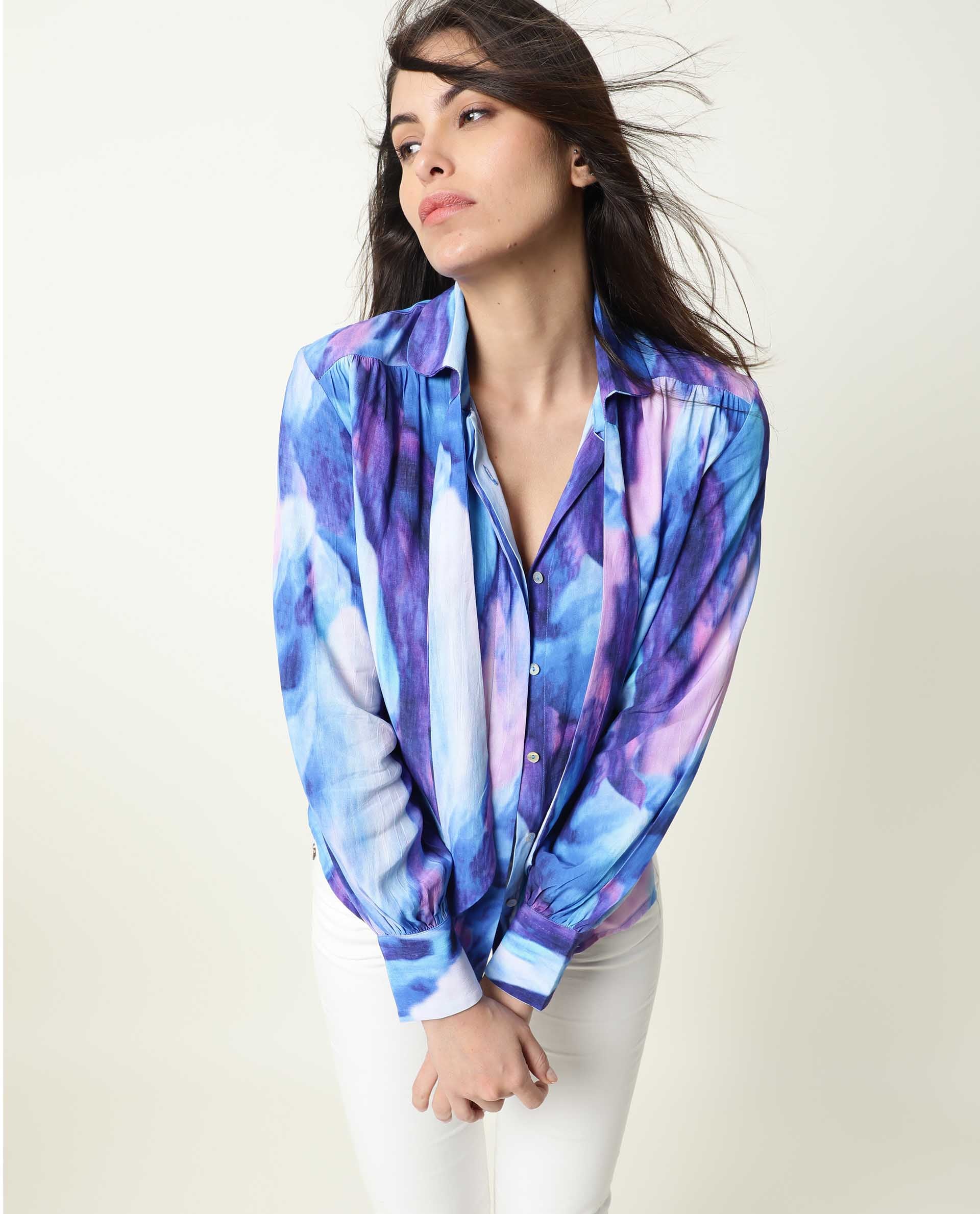 Rareism Womens Denvor Multi Top Poly Viscose Fabric Loose Fit Balloon Sleeve Collared Neck - Image 4