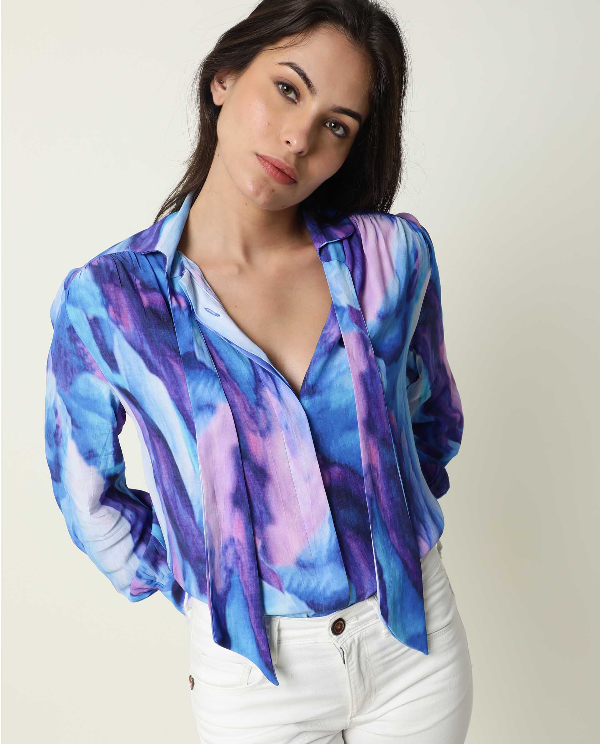 Rareism Womens Denvor Multi Top Poly Viscose Fabric Loose Fit Balloon Sleeve Collared Neck - Image 5