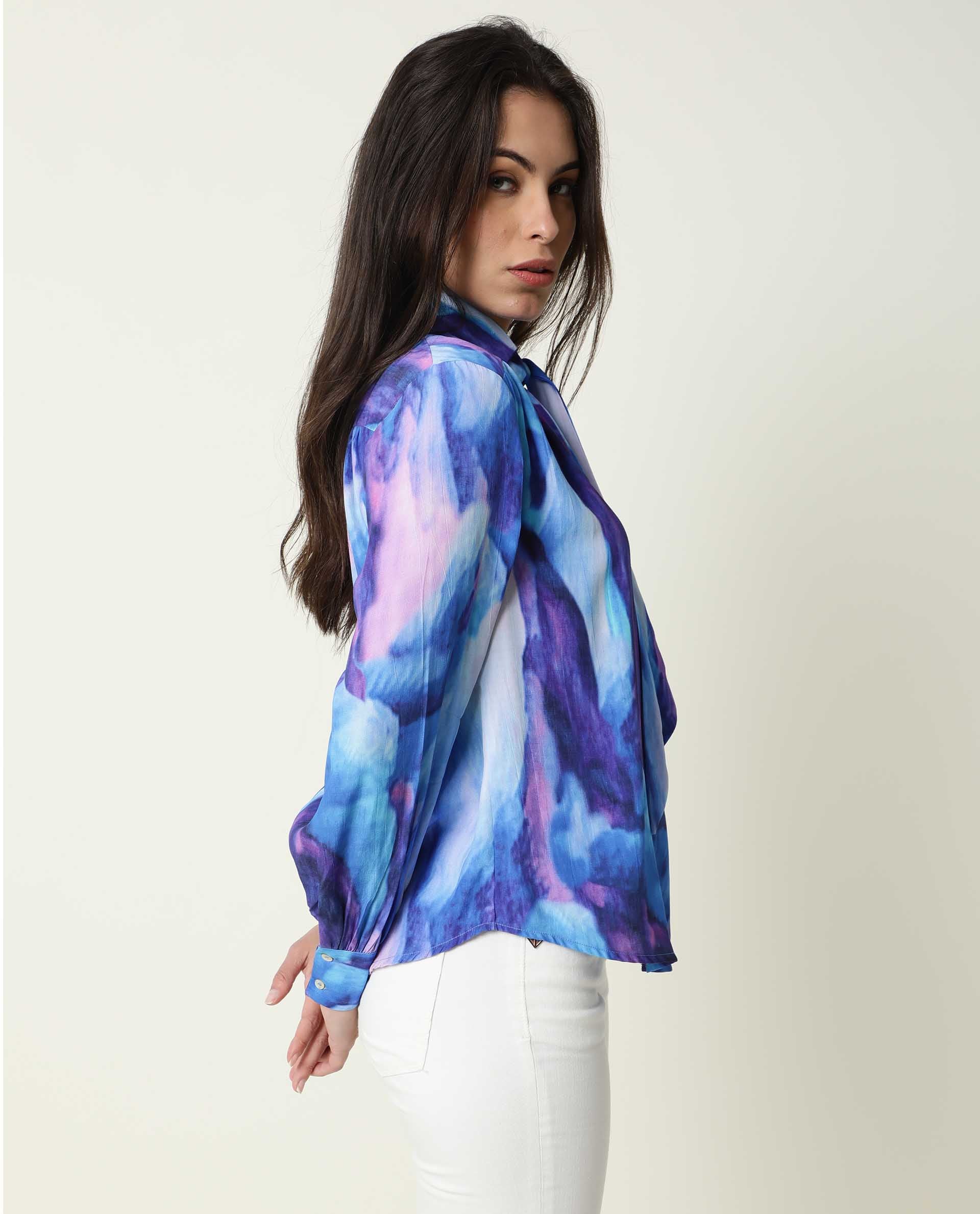 Rareism Womens Denvor Multi Top Poly Viscose Fabric Loose Fit Balloon Sleeve Collared Neck - Image 6