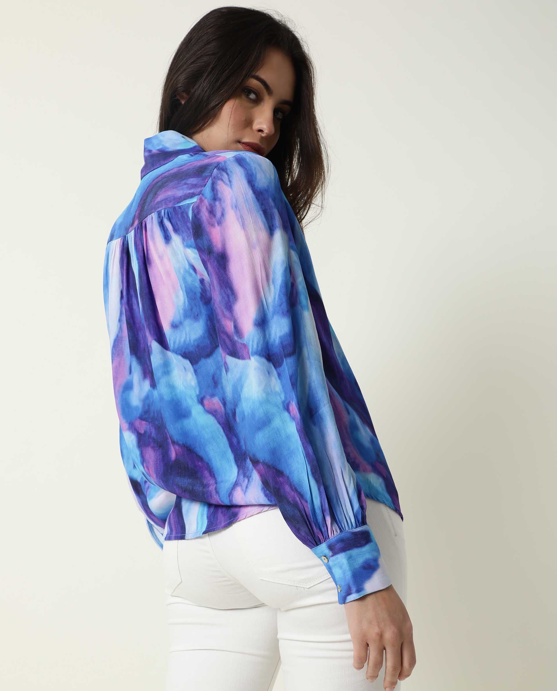 Rareism Womens Denvor Multi Top Poly Viscose Fabric Loose Fit Balloon Sleeve Collared Neck - Image 7