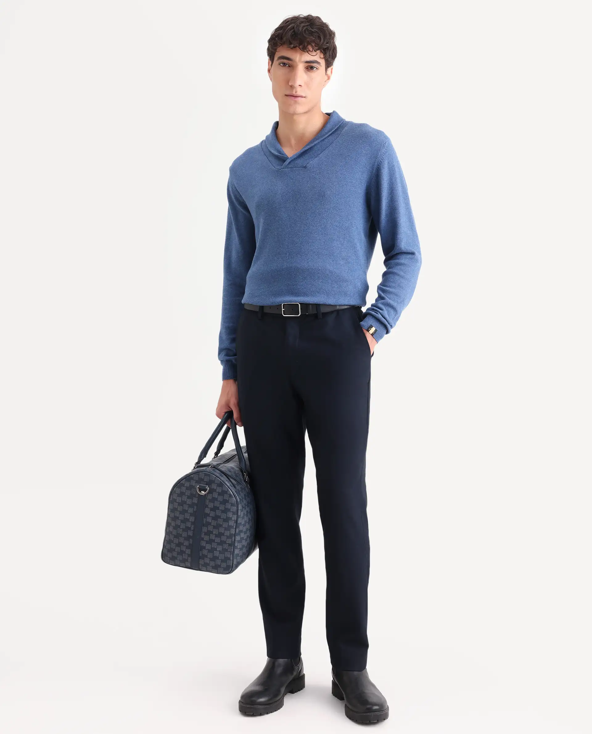 Rare Rabbit Men's Denvy Blue Cotton Plain Regular Fit Full Sleeve Shawl Neck Sweater - Image 3