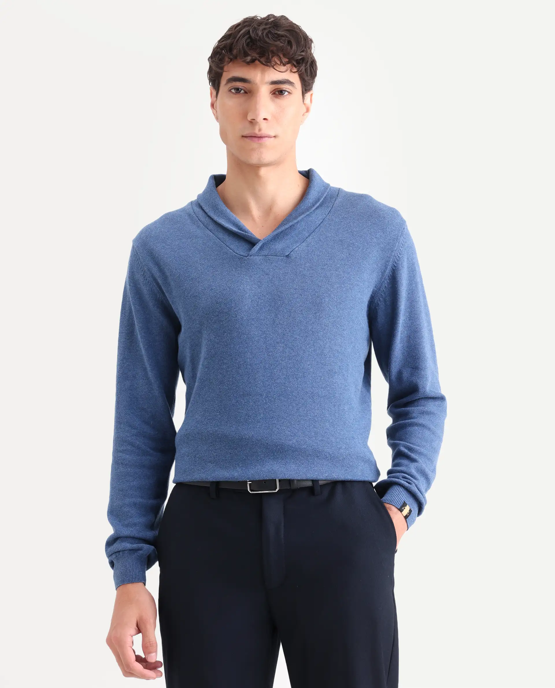 Rare Rabbit Men's Denvy Blue Cotton Plain Regular Fit Full Sleeve Shawl Neck Sweater - Image 4