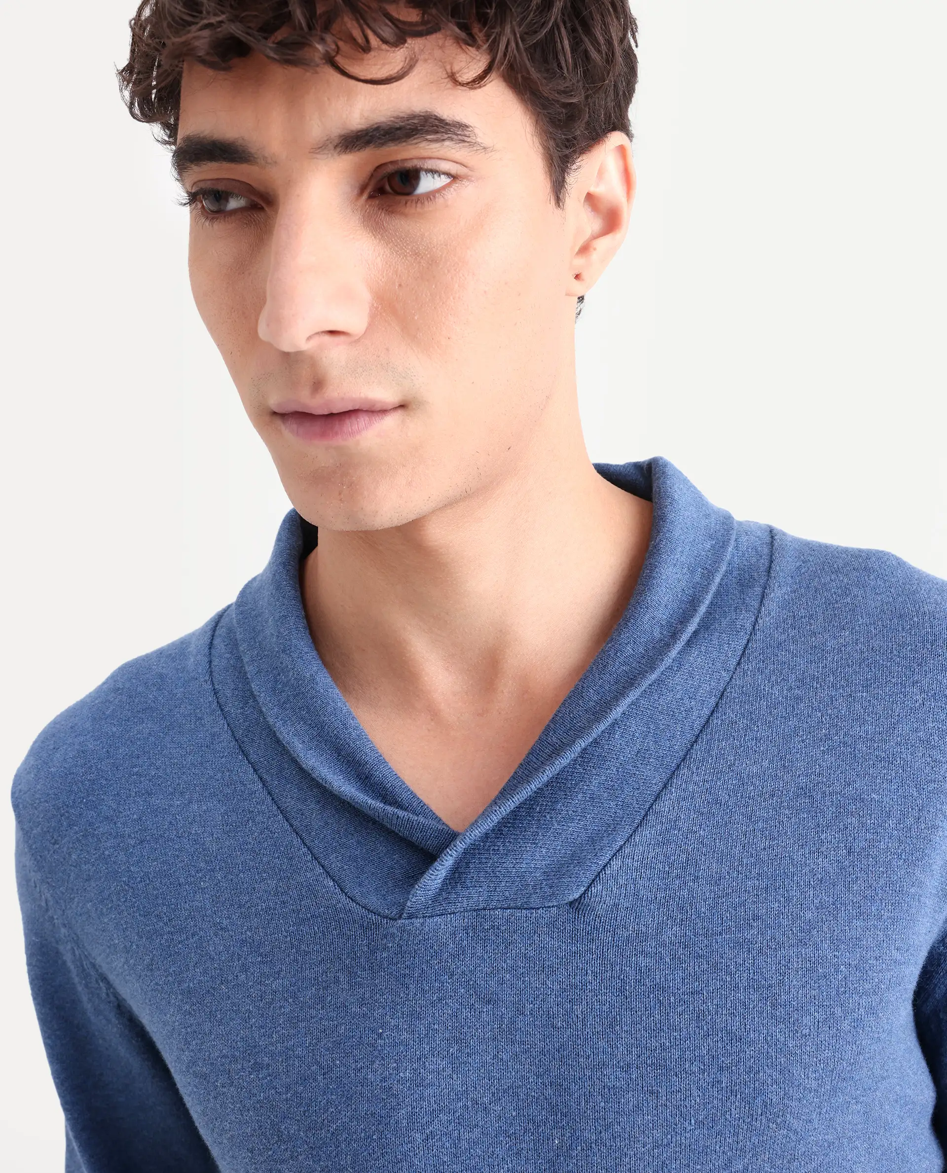 Rare Rabbit Men's Denvy Blue Cotton Plain Regular Fit Full Sleeve Shawl Neck Sweater - Image 5